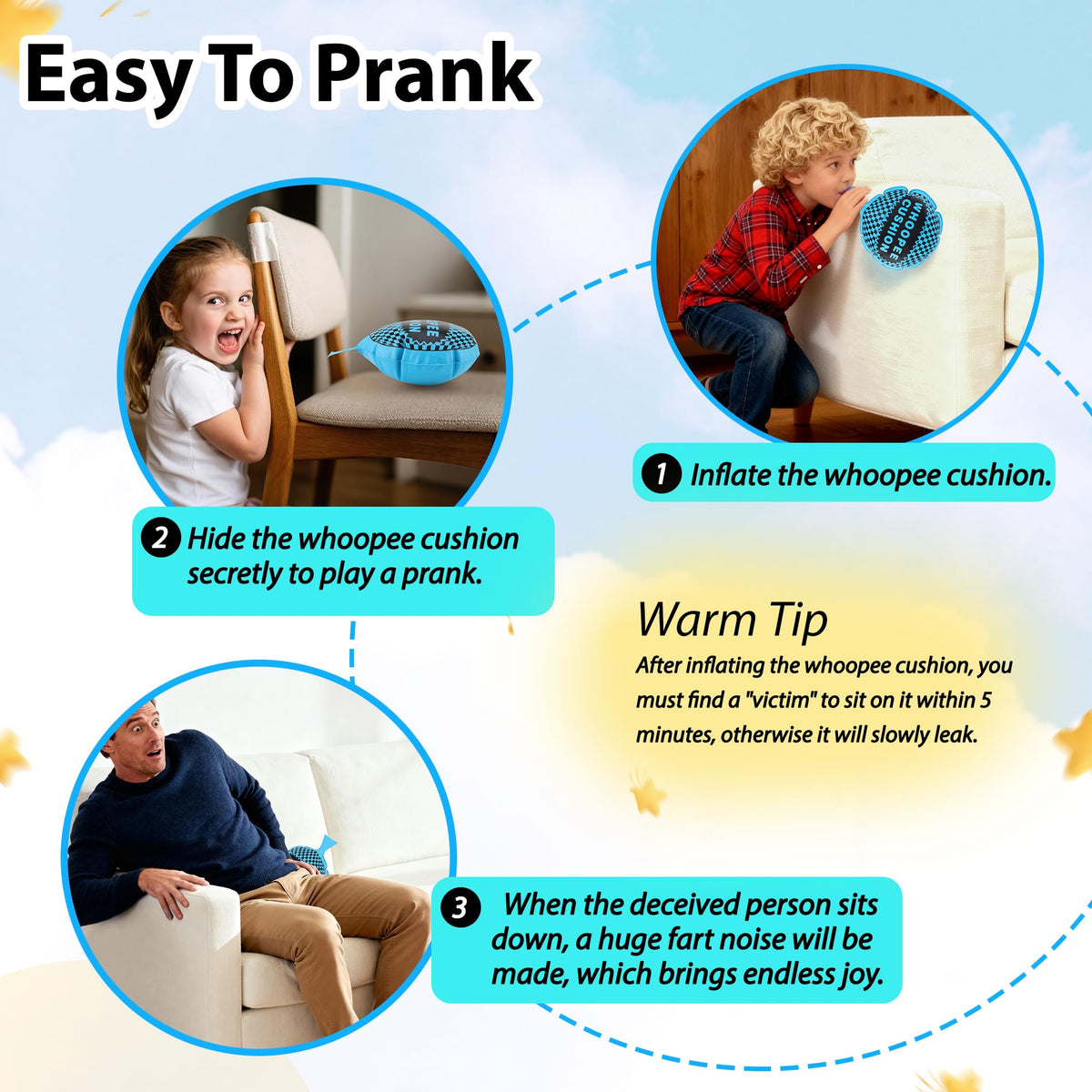 ANZUSY 4Pcs Whoopie Cushions – 4 Sizes for Party Pranks
