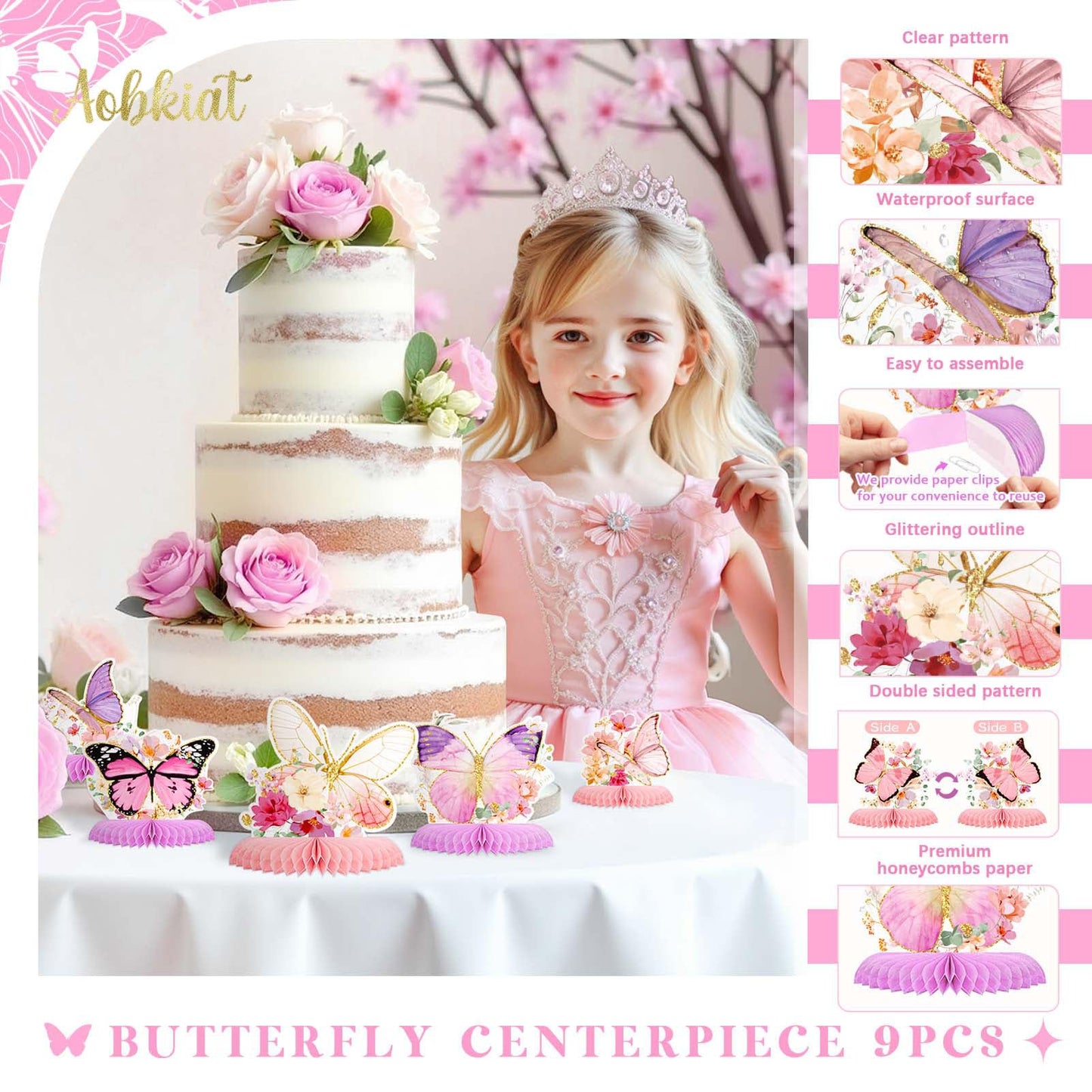 AOBKIAT Butterfly Glitter Honeycomb Centerpieces – 9-Piece Table Decor for Baby Showers, Weddings & Garden Parties