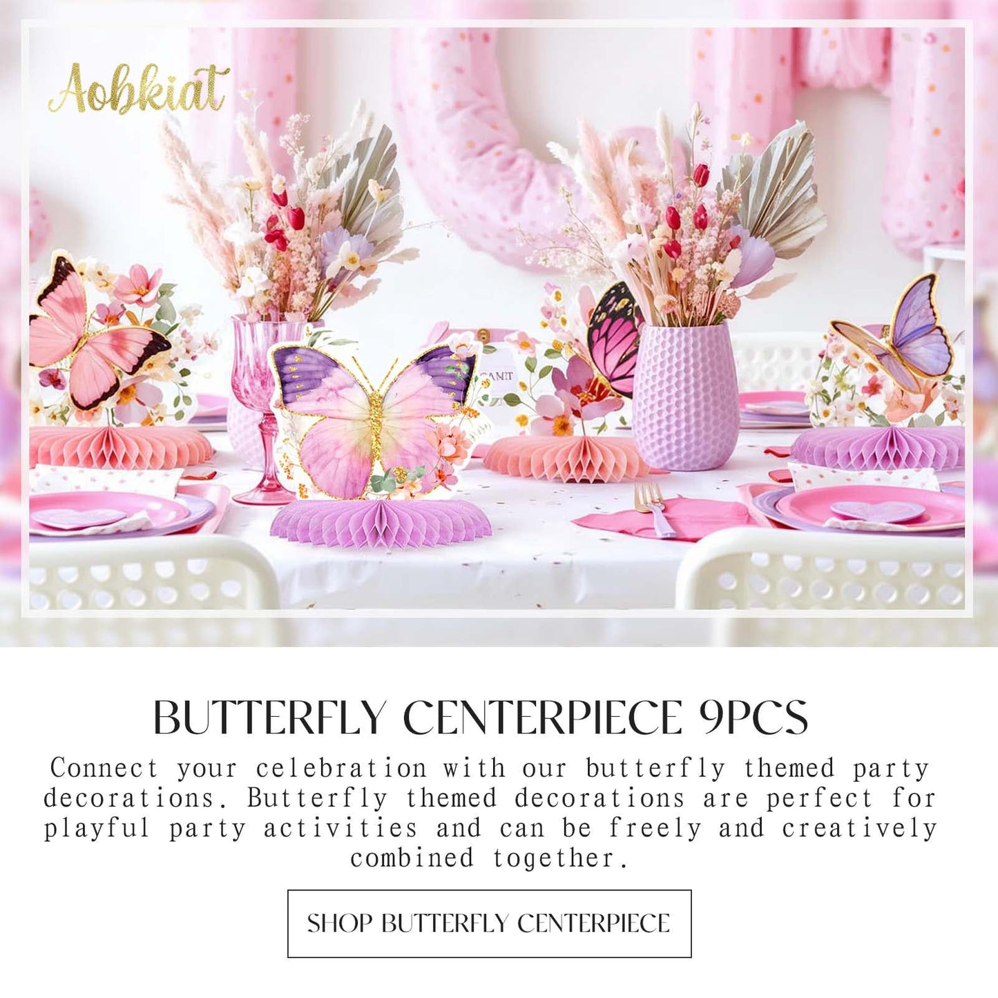 AOBKIAT Butterfly Glitter Honeycomb Centerpieces – 9-Piece Table Decor for Baby Showers, Weddings & Garden Parties