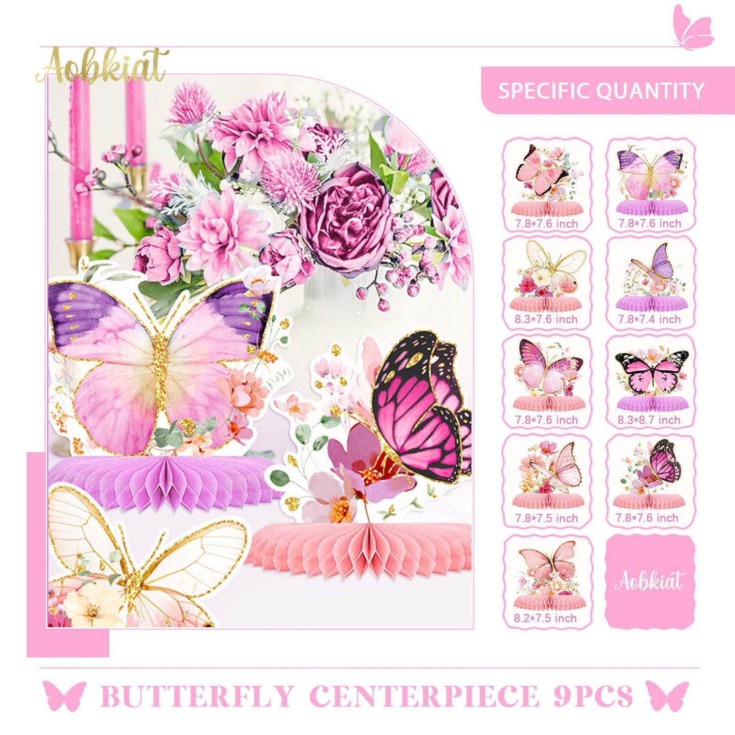 AOBKIAT Butterfly Glitter Honeycomb Centerpieces – 9-Piece Table Decor for Baby Showers, Weddings & Garden Parties