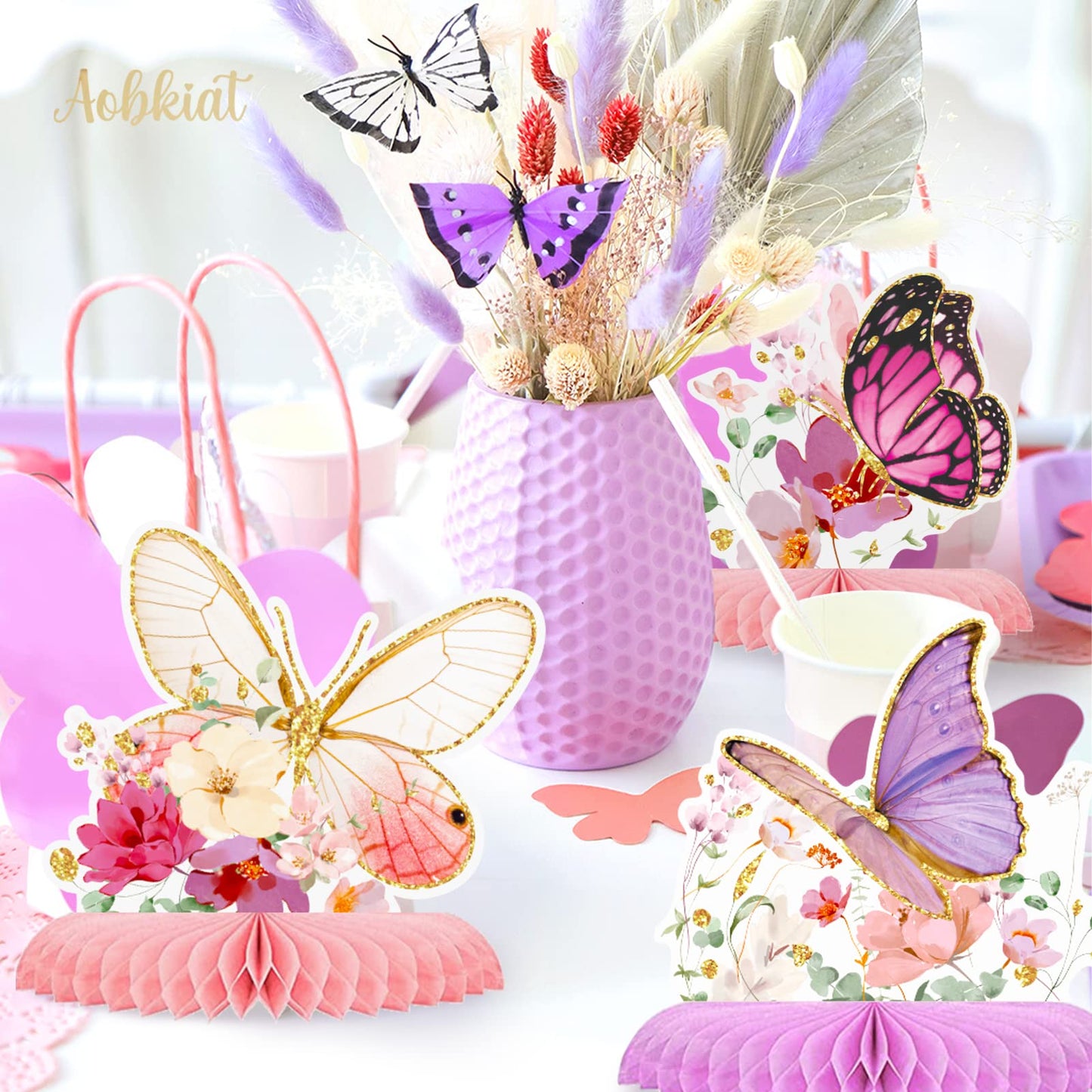 AOBKIAT Butterfly Glitter Honeycomb Centerpieces – 9-Piece Table Decor for Baby Showers, Weddings & Garden Parties