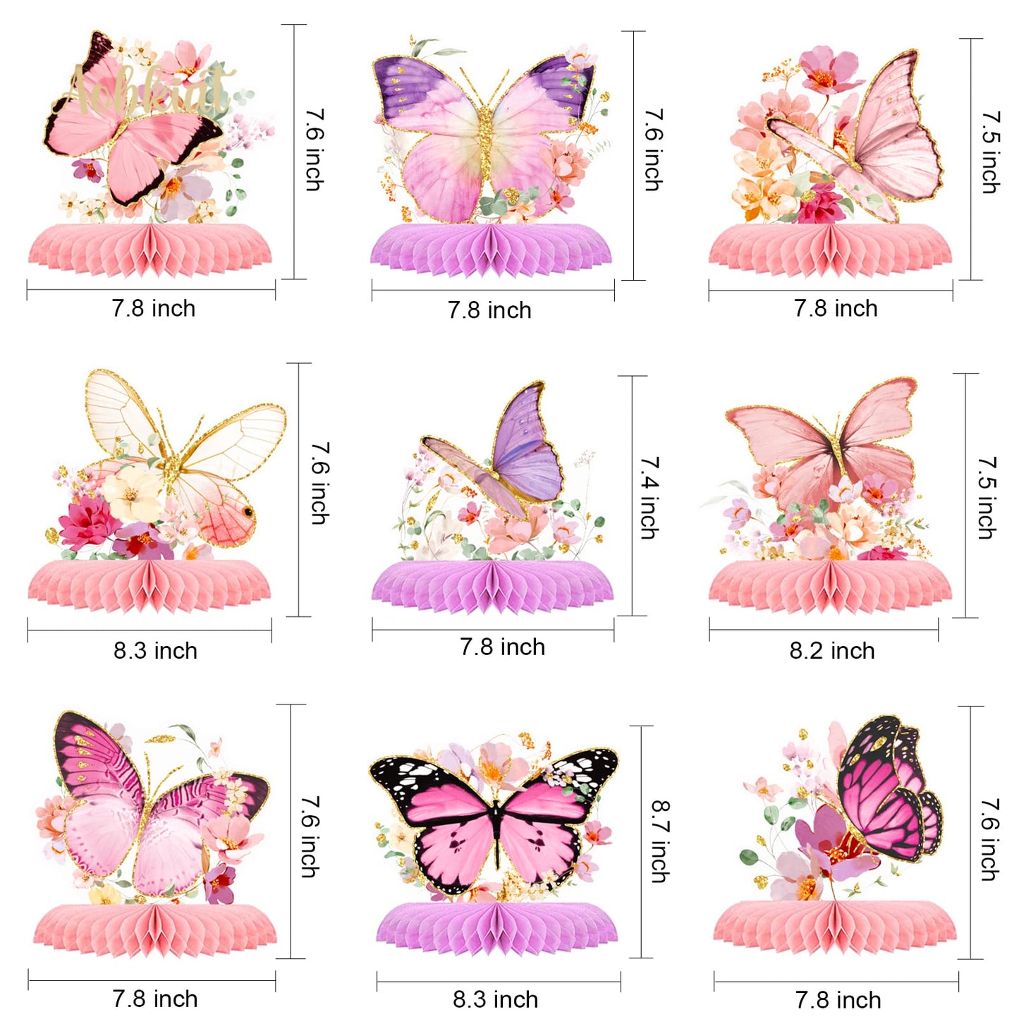 AOBKIAT Butterfly Glitter Honeycomb Centerpieces – 9-Piece Table Decor for Baby Showers, Weddings & Garden Parties