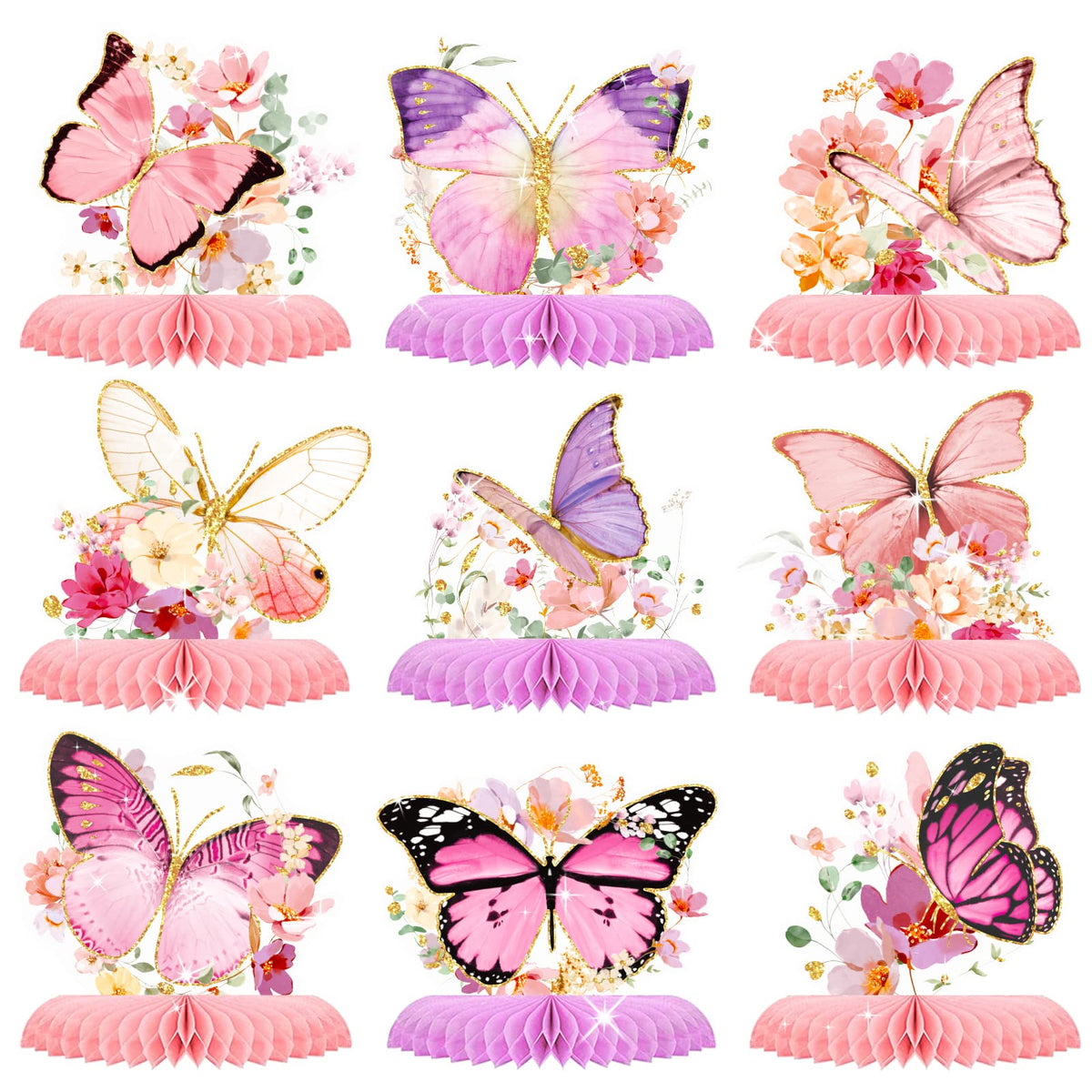 AOBKIAT Butterfly Glitter Honeycomb Centerpieces – 9-Piece Table Decor for Baby Showers, Weddings & Garden Parties