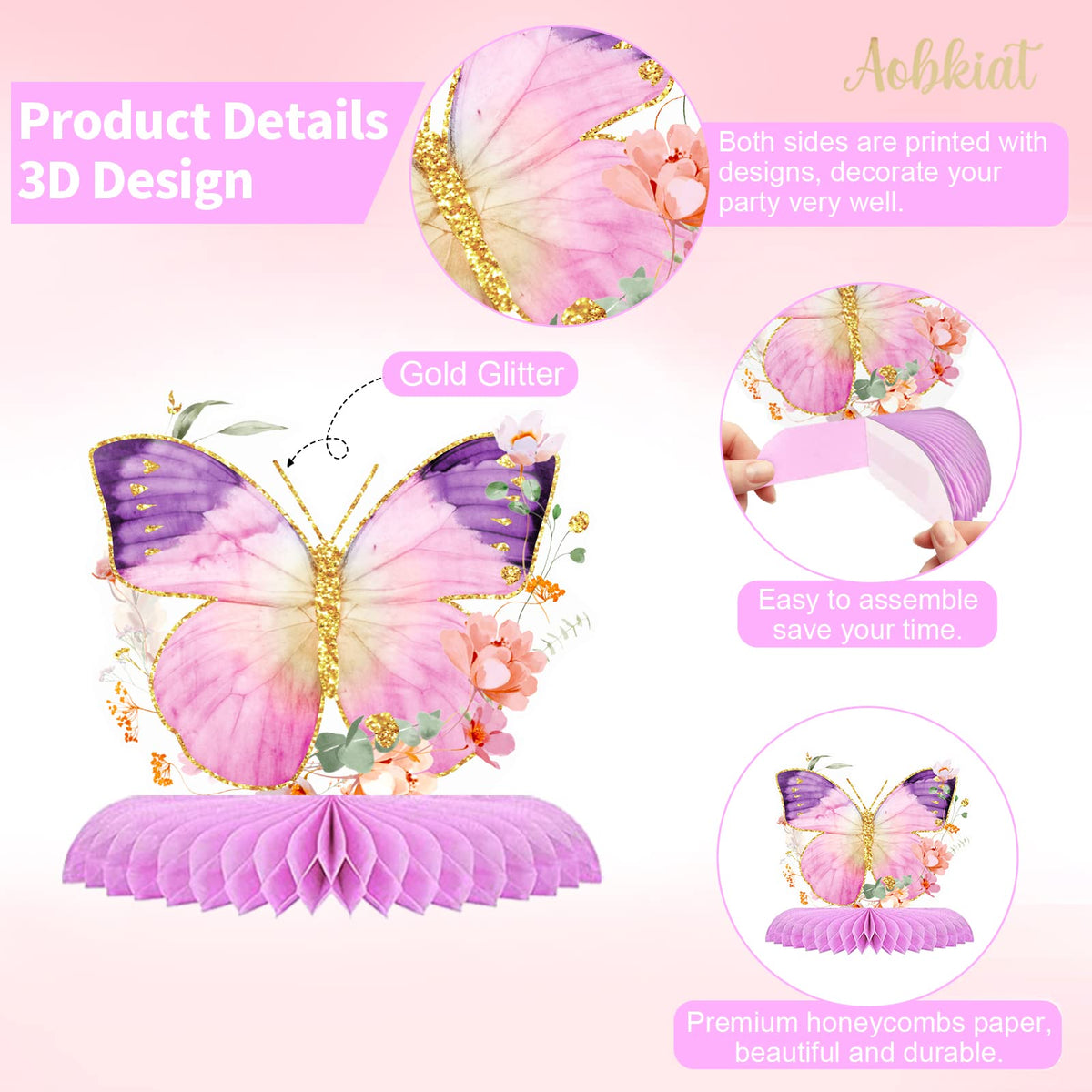 AOBKIAT Butterfly Glitter Honeycomb Centerpieces – 9-Piece Table Decor for Baby Showers, Weddings & Garden Parties