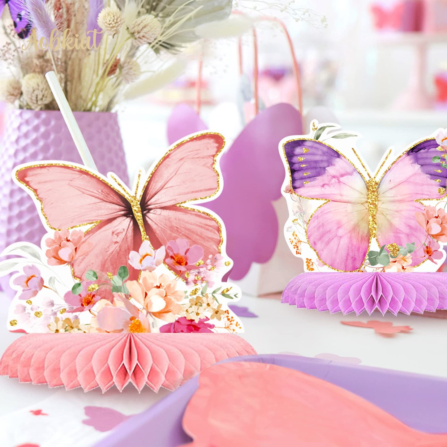 AOBKIAT Butterfly Glitter Honeycomb Centerpieces – 9-Piece Table Decor for Baby Showers, Weddings & Garden Parties