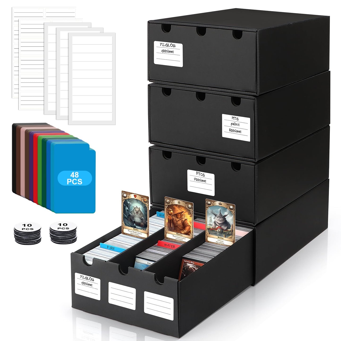 AOBOPLE Trading Card Storage Box – 18000+ Card Capacity, 60 Dividers, Labels & Tapes for MTG/TCG/PTCG (4-Box Set)