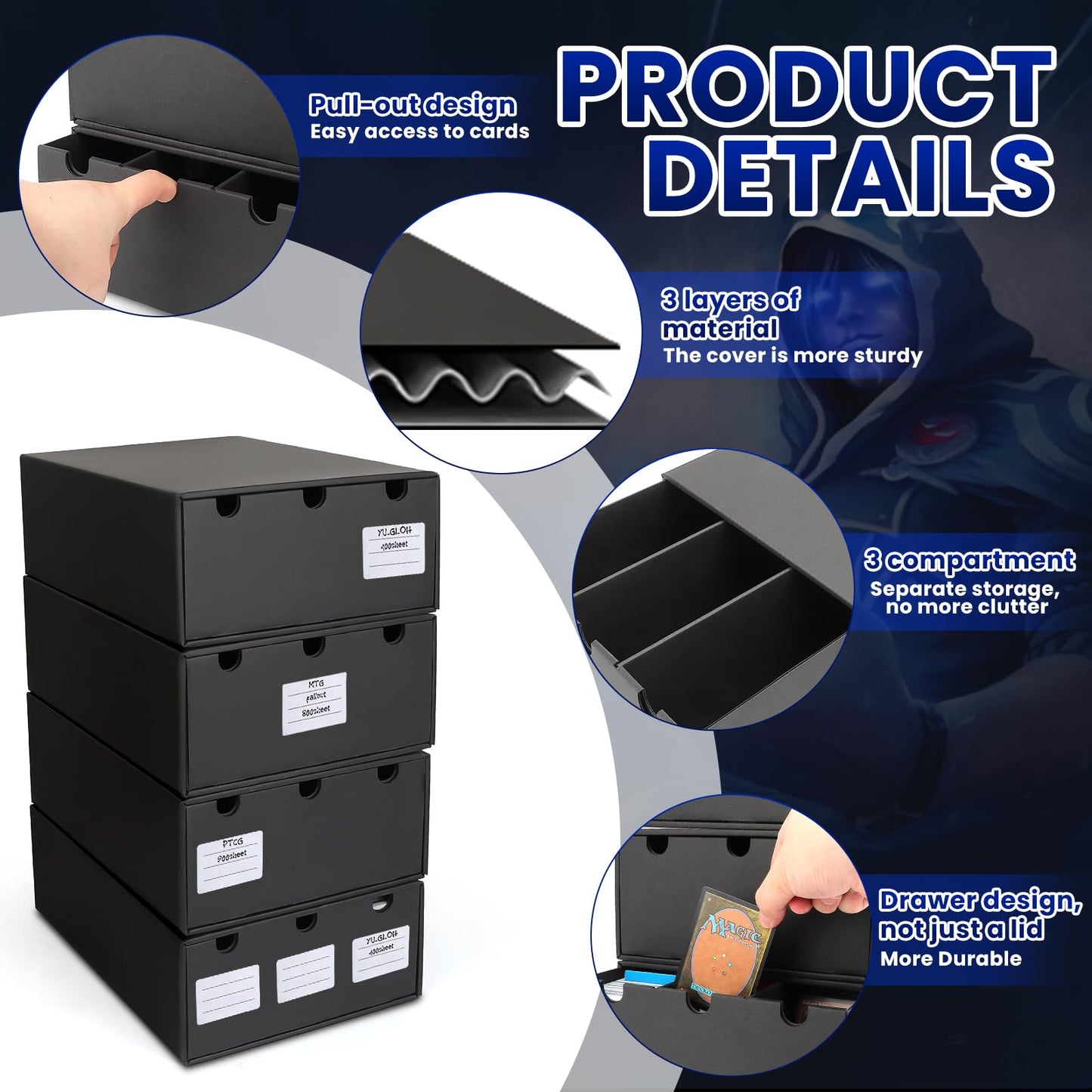 AOBOPLE Trading Card Storage Box – 18000+ Card Capacity, 60 Dividers, Labels & Tapes for MTG/TCG/PTCG (4-Box Set)