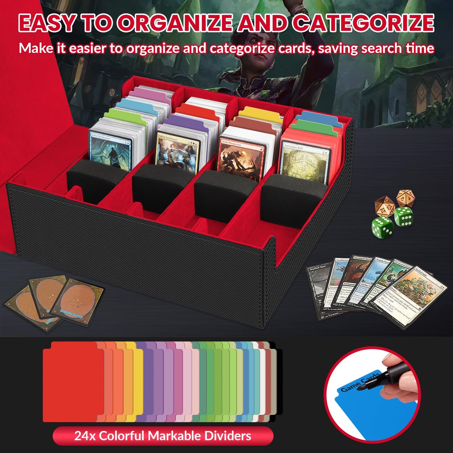 AOBOPLE Trading Card Storage Box | 3200+ Card Capacity, 24 Dividers, PU Leather Case for MTG, TCG, Sports Cards
