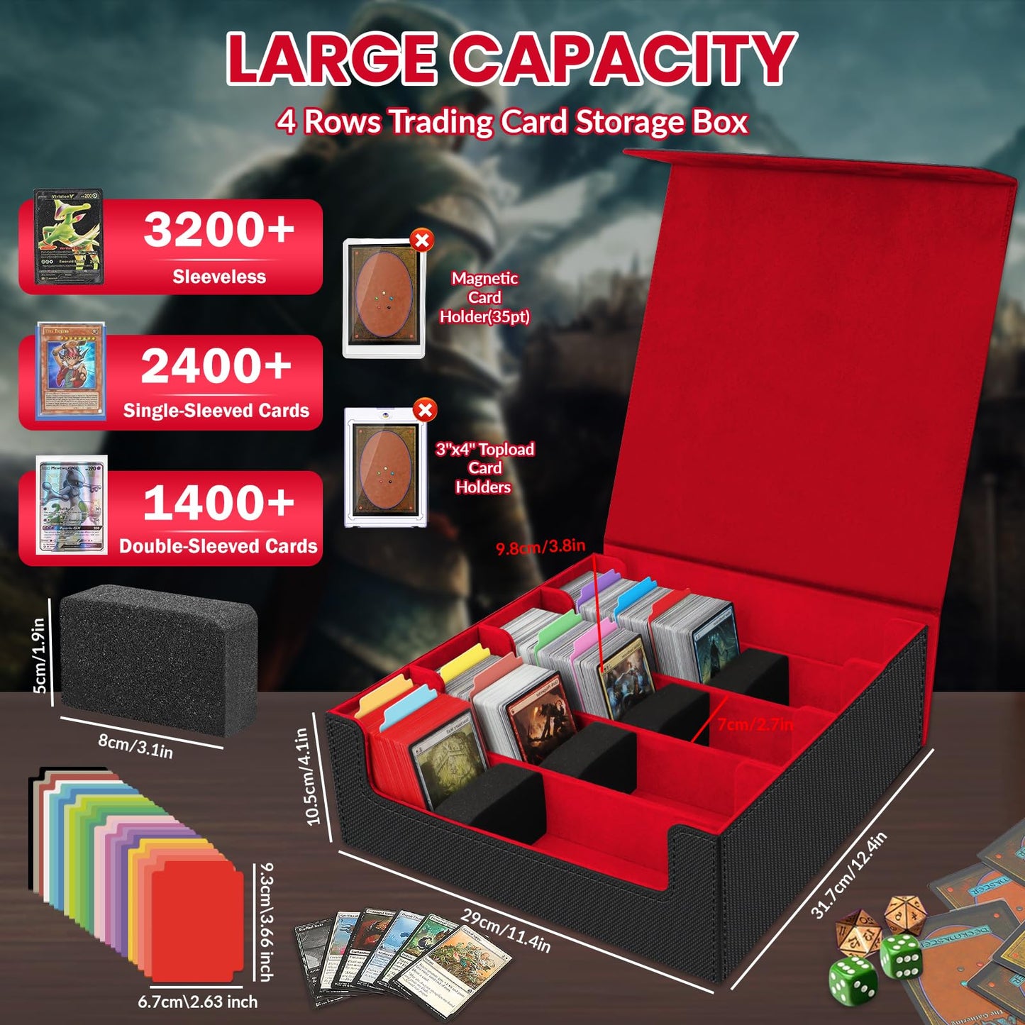 AOBOPLE Trading Card Storage Box | 3200+ Card Capacity, 24 Dividers, PU Leather Case for MTG, TCG, Sports Cards