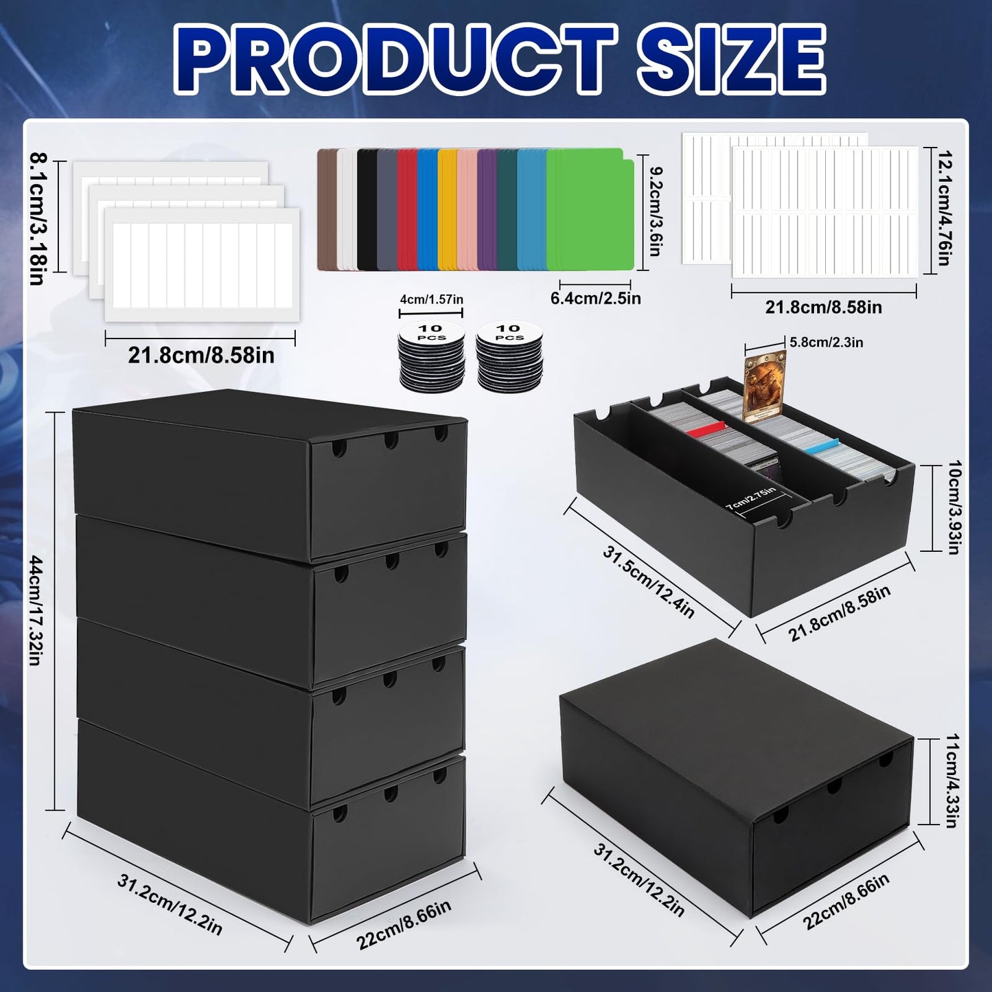 AOBOPLE Trading Card Storage Box – 18000+ Card Capacity, 60 Dividers, Labels & Tapes for MTG/TCG/PTCG (4-Box Set)