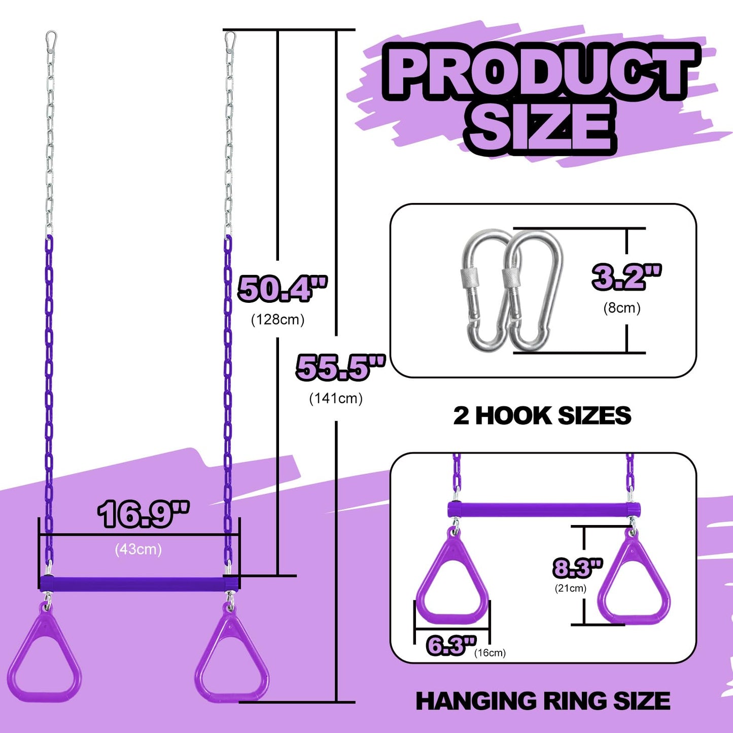 AOBOTE Duty Ring Trapeze Bar for Backyard - 16.5-inch Swing with 47-inch Coated Chains & 2 Hooks