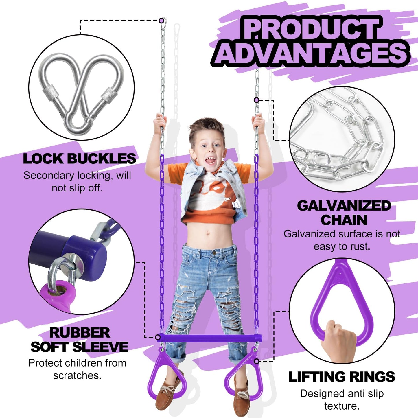 AOBOTE Duty Ring Trapeze Bar for Backyard - 16.5-inch Swing with 47-inch Coated Chains & 2 Hooks