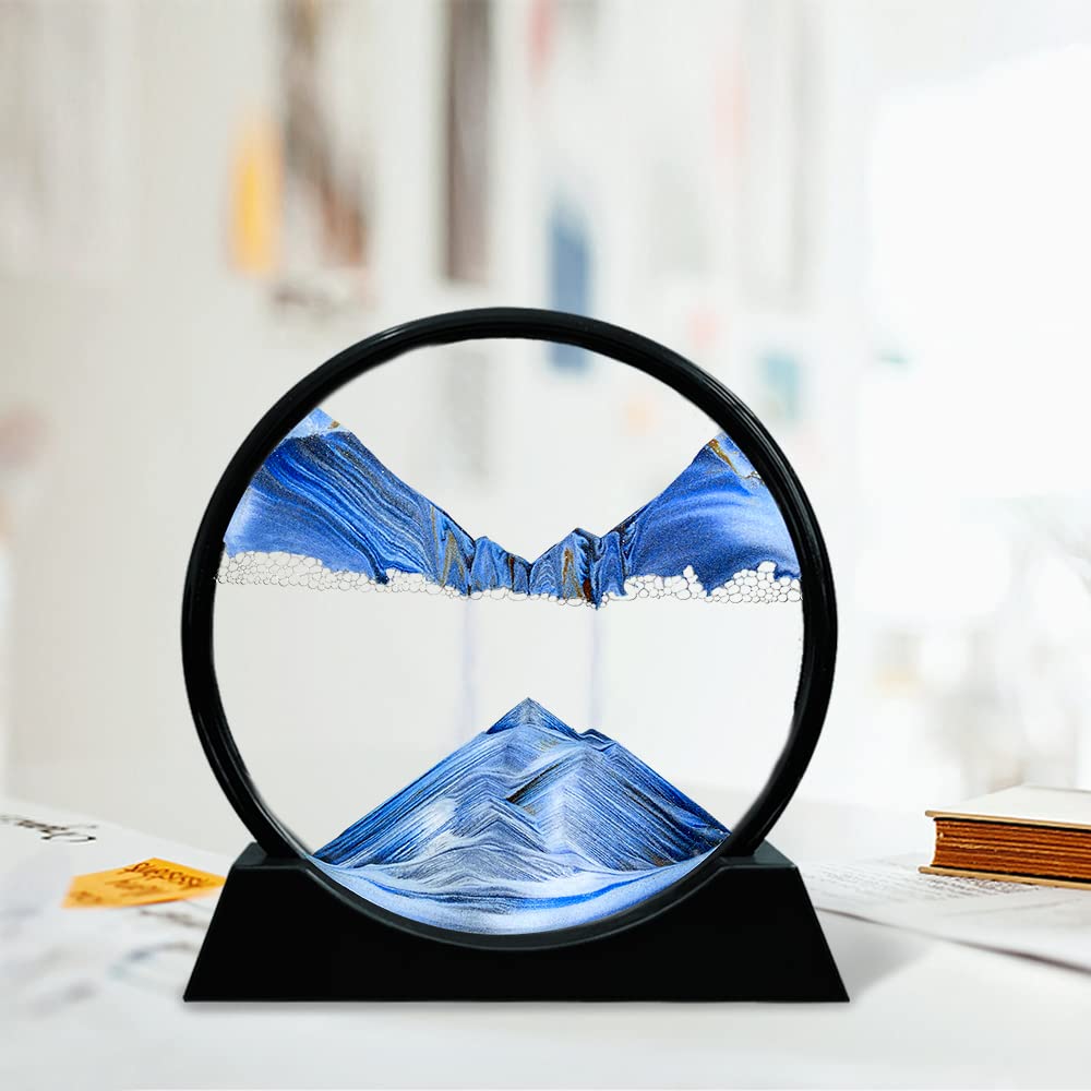 Aoderun Moving Sand Art – Round Glass 7-inch Deep Sea Blue 3D Flowing Sand Display