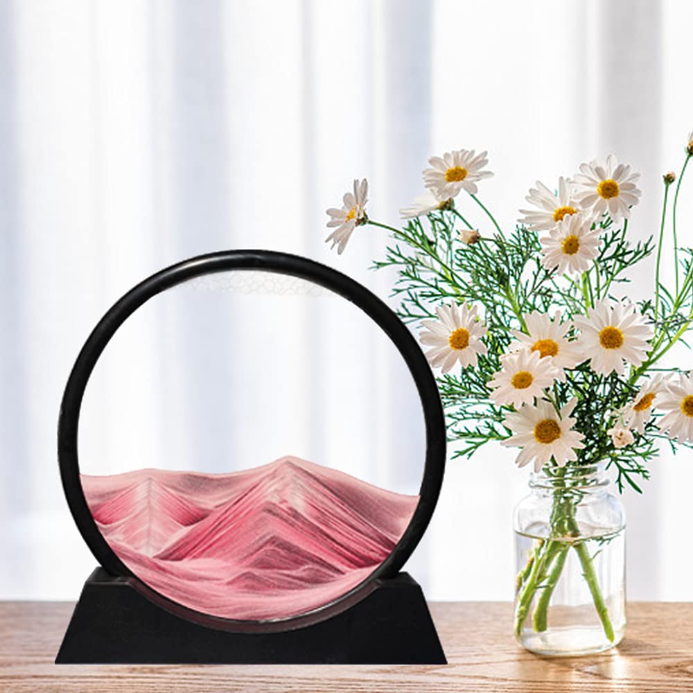 Aoderun Moving Sand Art - 12-inch Pink Round Glass 3D Sandscape for Desk & Home