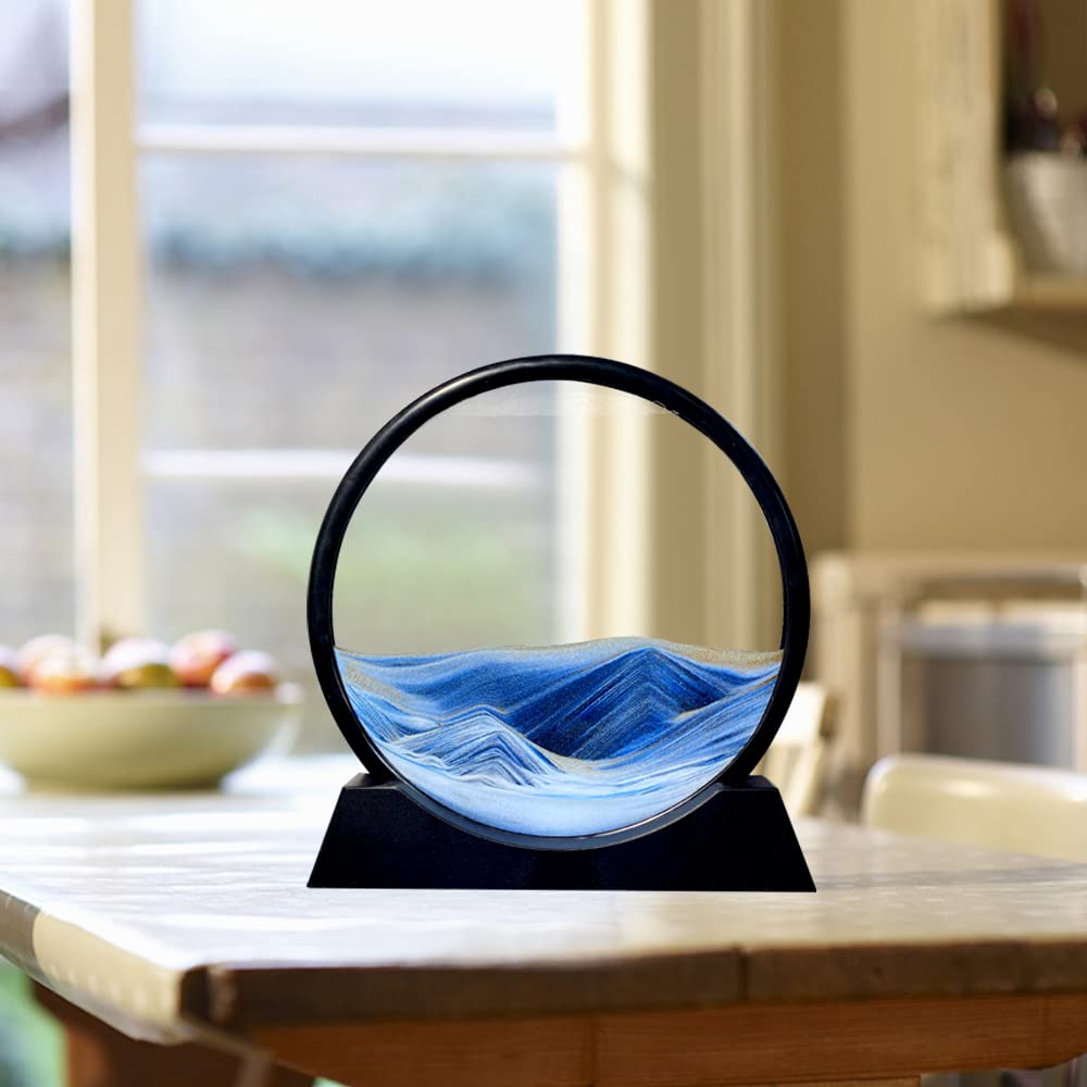 Aoderun Moving Sand Art – Round Glass 7-inch Deep Sea Blue 3D Flowing Sand Display