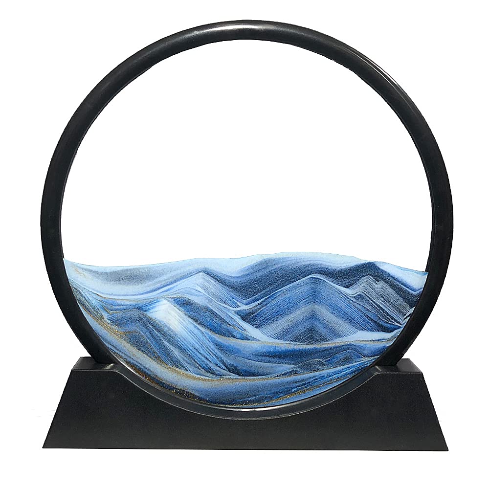Aoderun Moving Sand Art – Round Glass 7-inch Deep Sea Blue 3D Flowing Sand Display