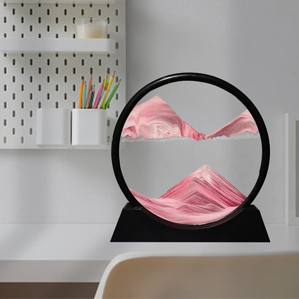 Aoderun Moving Sand Art - 12-inch Pink Round Glass 3D Sandscape for Desk & Home