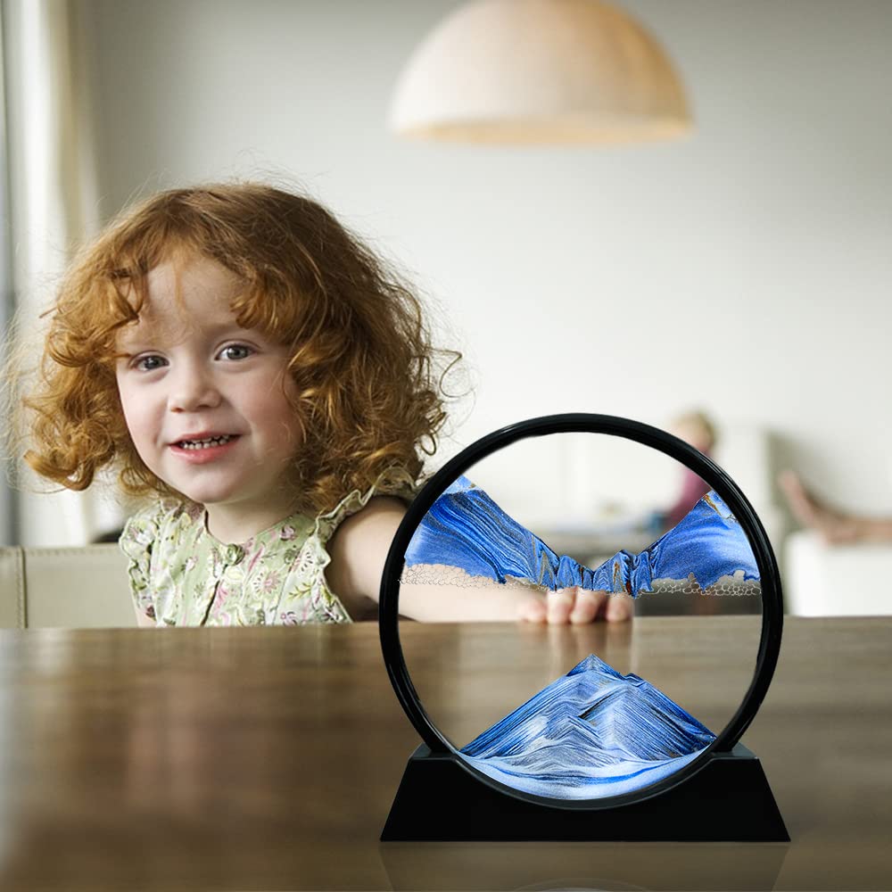 Aoderun Moving Sand Art – Round Glass 7-inch Deep Sea Blue 3D Flowing Sand Display