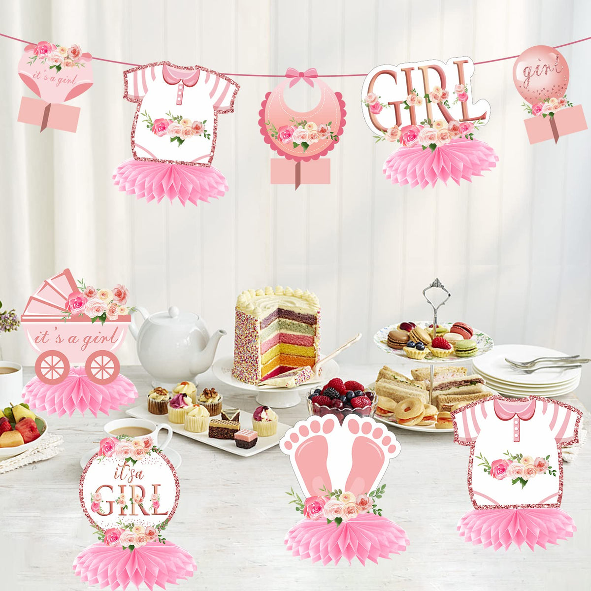 Aodocuto 12Pcs Pink Rose Gold Baby Shower Decorations – Honeycomb Centerpieces for Girls, It's a Girl Theme