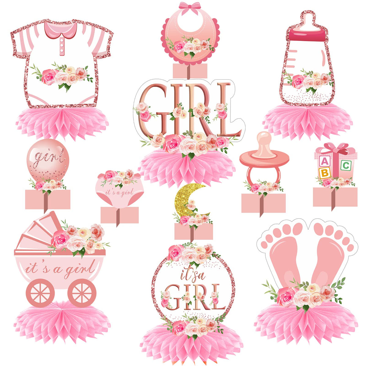 Aodocuto 12Pcs Pink Rose Gold Baby Shower Decorations – Honeycomb Centerpieces for Girls, It's a Girl Theme
