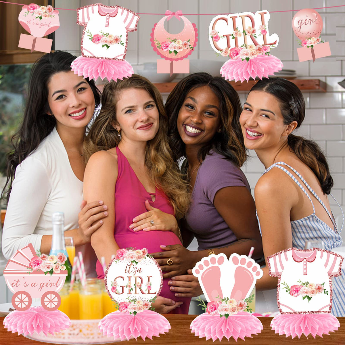 Aodocuto 12Pcs Pink Rose Gold Baby Shower Decorations – Honeycomb Centerpieces for Girls, It's a Girl Theme