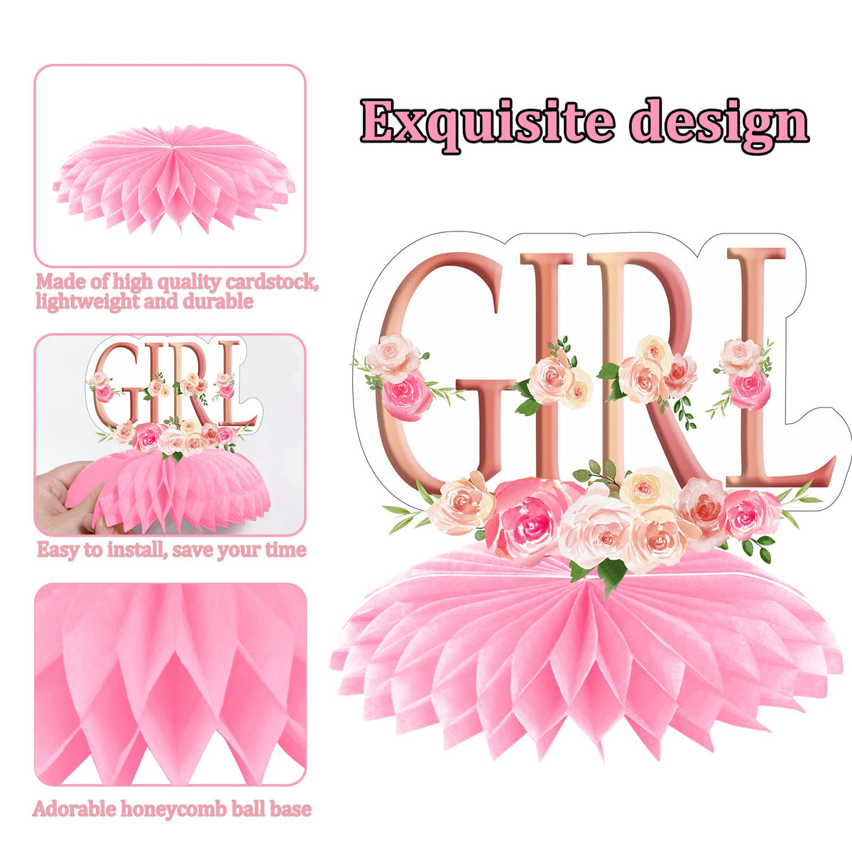 Aodocuto 12Pcs Pink Rose Gold Baby Shower Decorations – Honeycomb Centerpieces for Girls, It's a Girl Theme