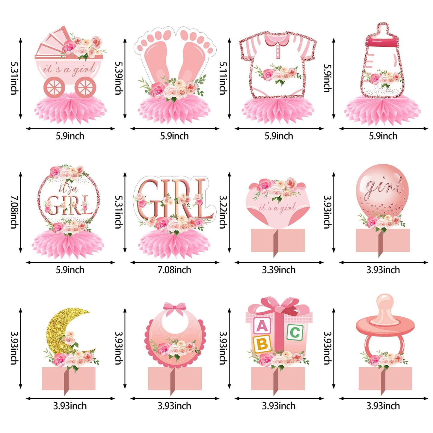 Aodocuto 12Pcs Pink Rose Gold Baby Shower Decorations – Honeycomb Centerpieces for Girls, It's a Girl Theme