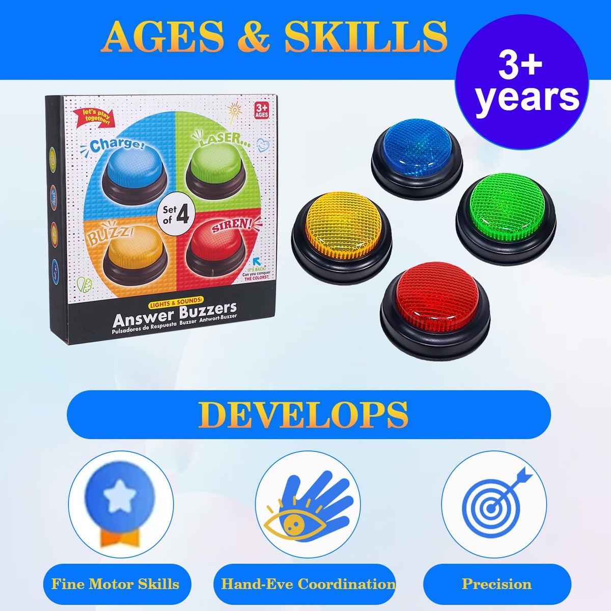 AOENN 4-Pack Buzzers for Trivia Games – Lights, Sounds & Classroom-Ready Game Show Buttons