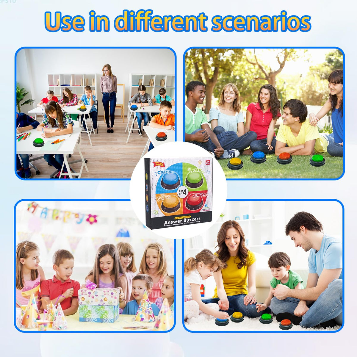 AOENN 4-Pack Buzzers for Trivia Games – Lights, Sounds & Classroom-Ready Game Show Buttons
