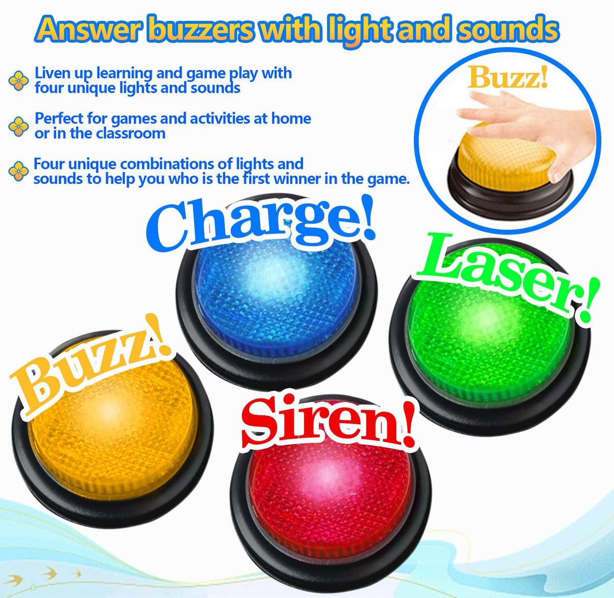 AOENN 4-Pack Buzzers for Trivia Games – Lights, Sounds & Classroom-Ready Game Show Buttons
