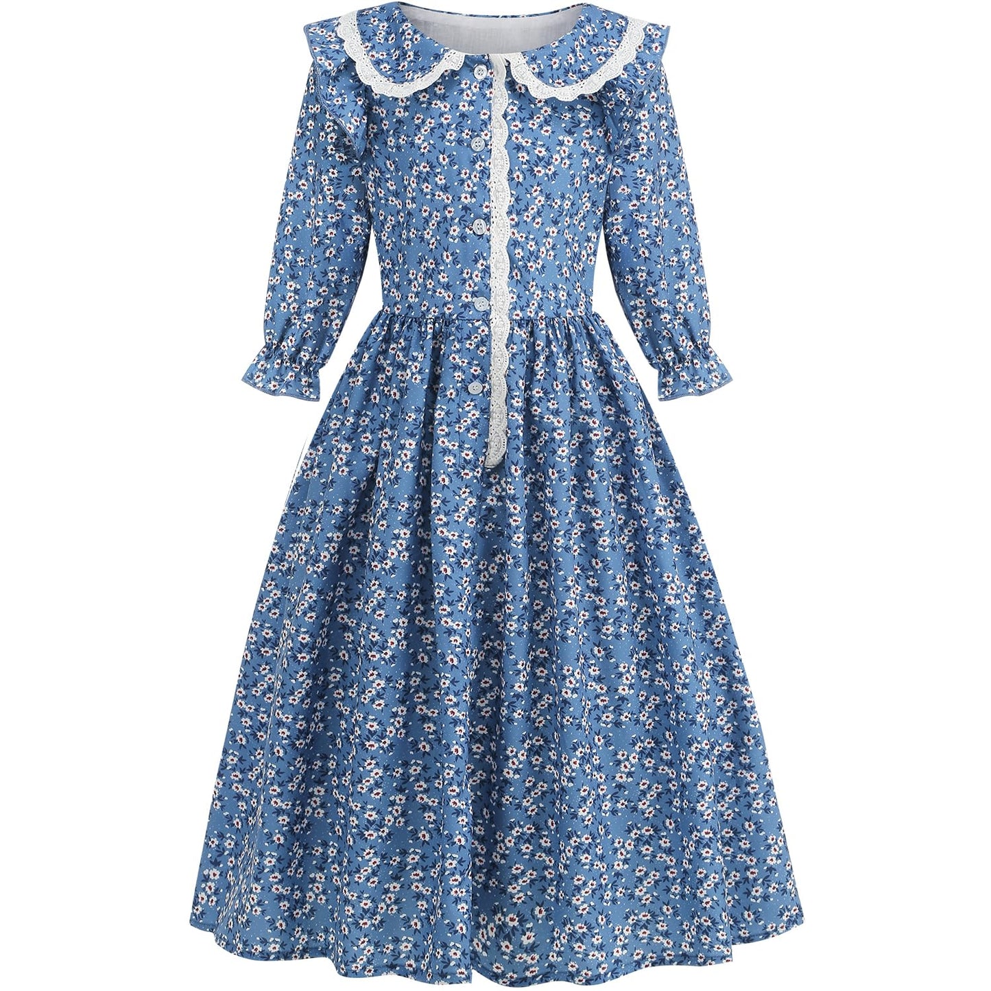 Aoiviss Girls Pioneer Costume: Floral Colonial Prairie Dress with Apron & Bonnet – Blue