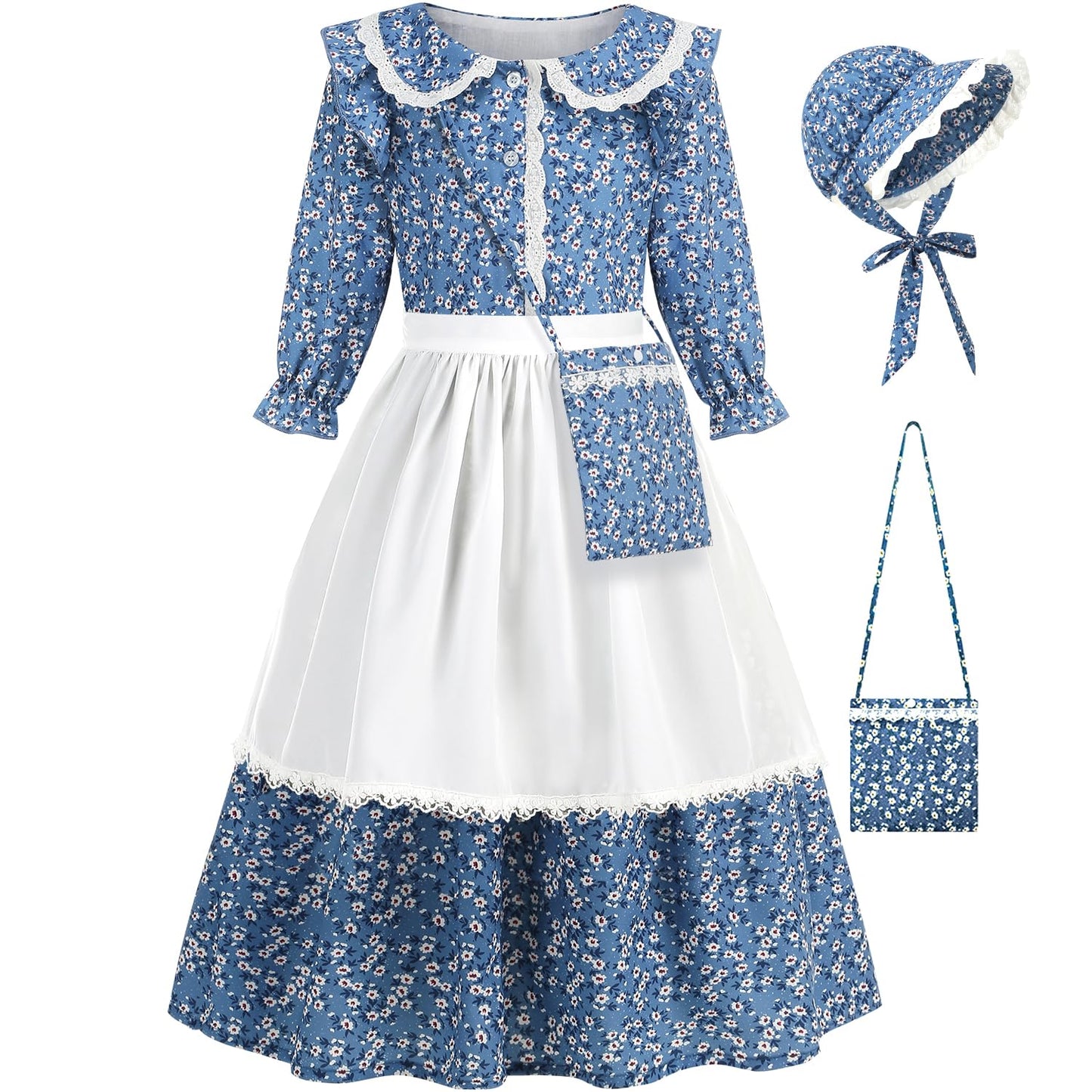 Aoiviss Girls Pioneer Costume: Floral Colonial Prairie Dress with Apron & Bonnet – Blue
