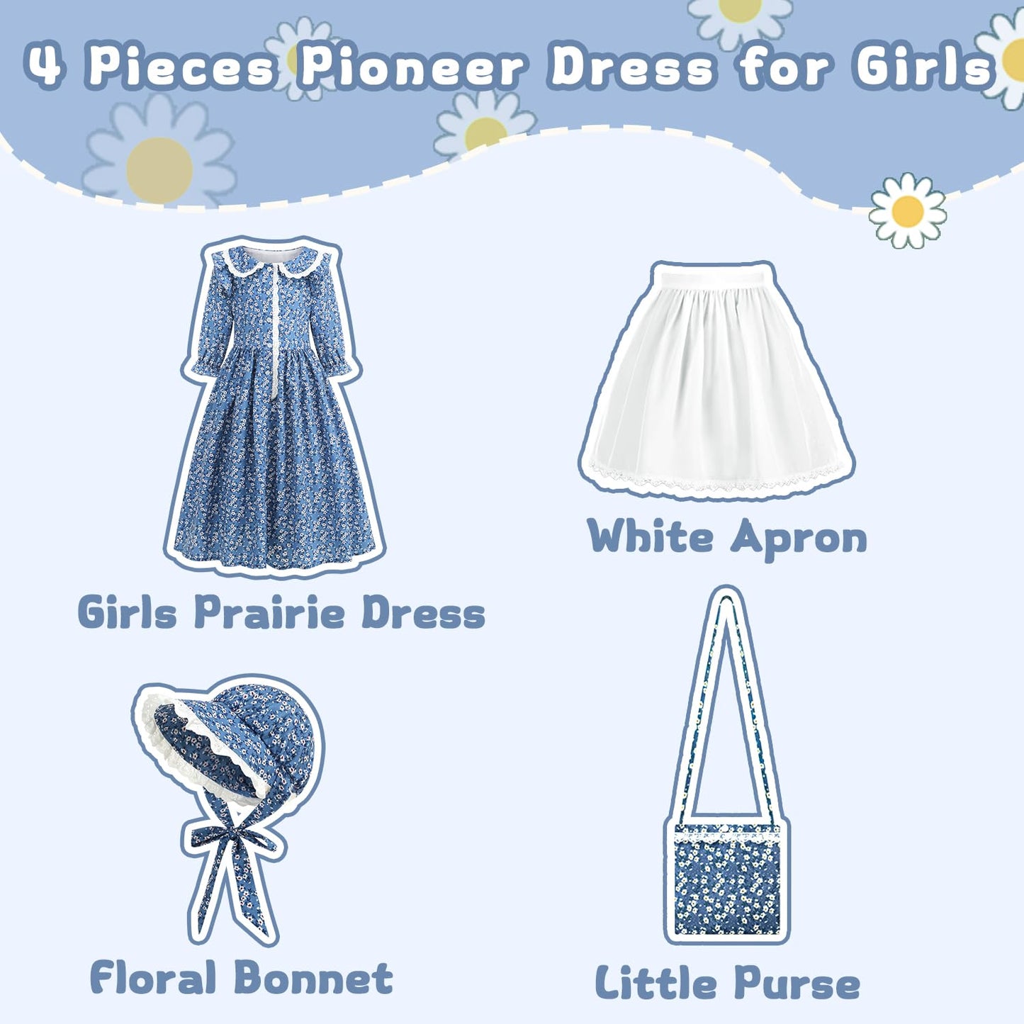 Aoiviss Girls Pioneer Costume: Floral Colonial Prairie Dress with Apron & Bonnet – Blue