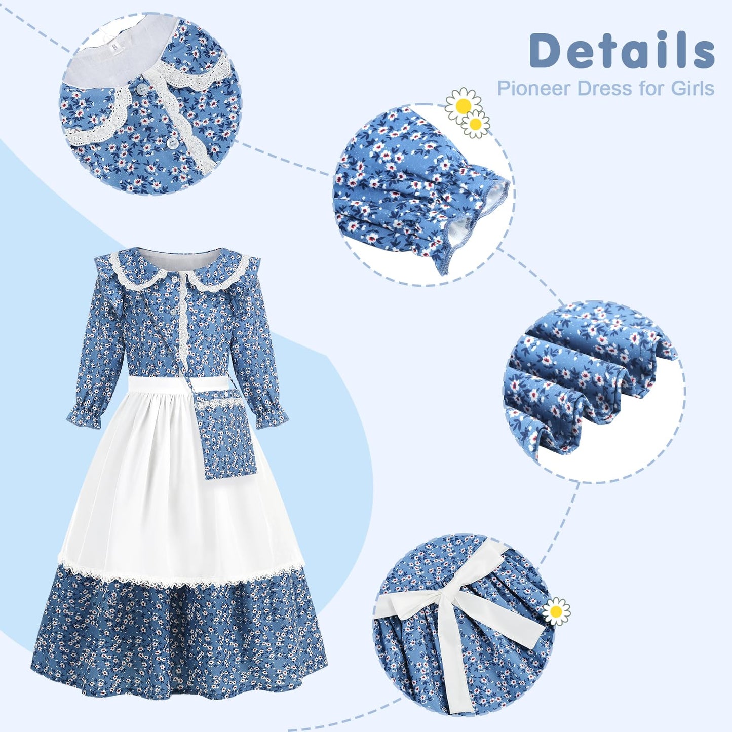 Aoiviss Girls Pioneer Costume: Floral Colonial Prairie Dress with Apron & Bonnet – Blue
