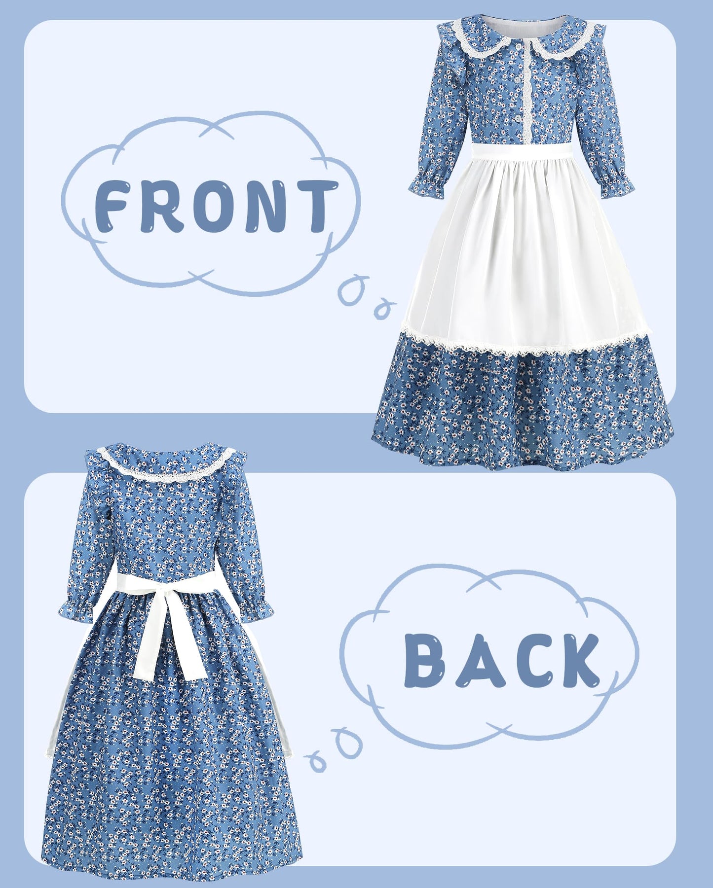Aoiviss Girls Pioneer Costume: Floral Colonial Prairie Dress with Apron & Bonnet – Blue
