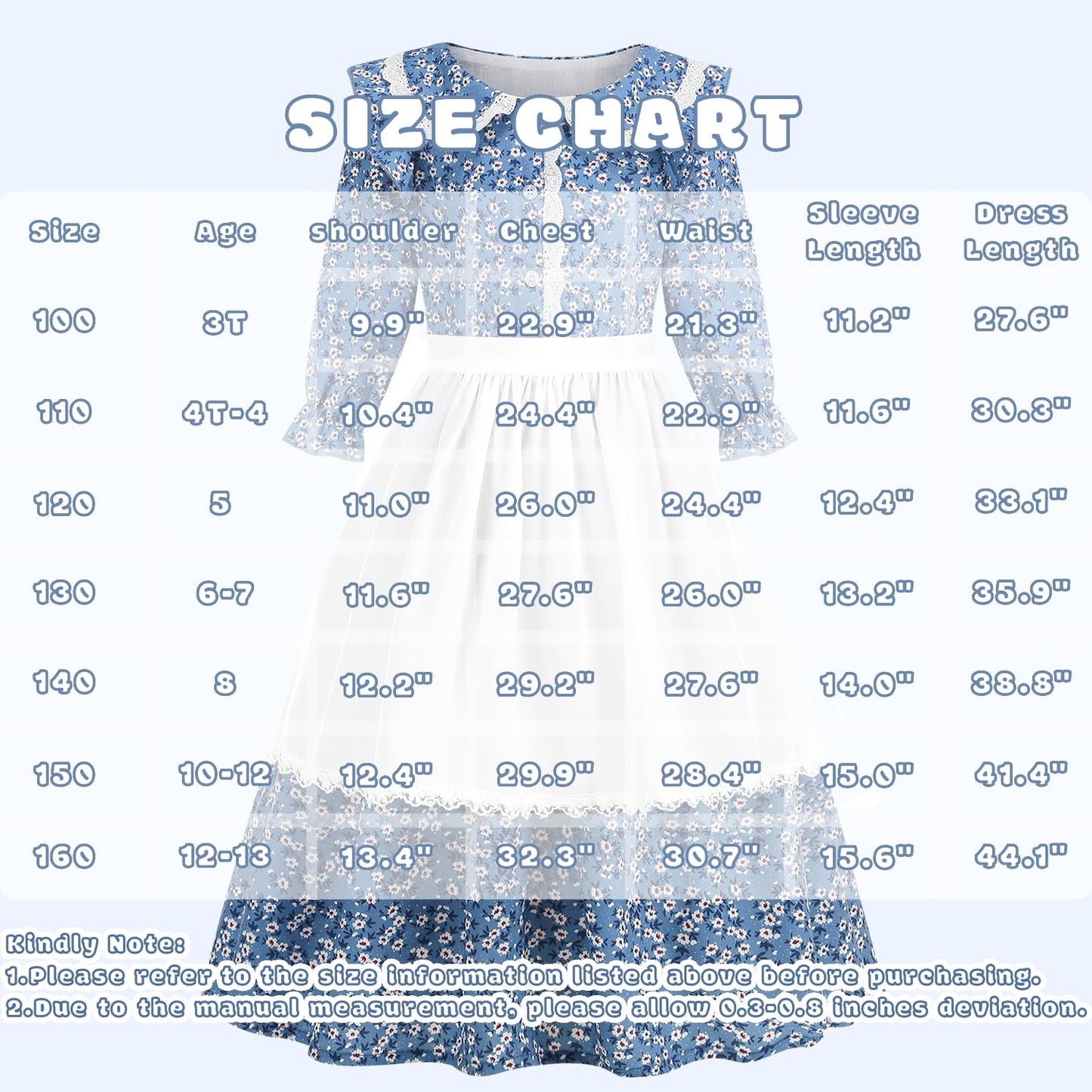 Aoiviss Girls Pioneer Costume: Floral Colonial Prairie Dress with Apron & Bonnet – Blue
