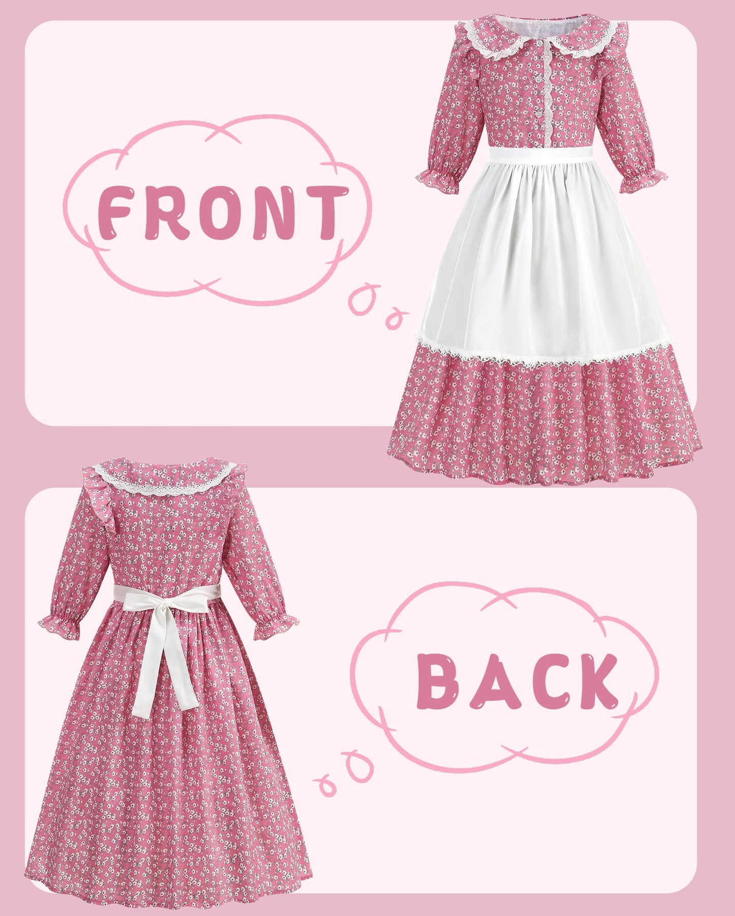 Aoiviss Girls Pioneer Costume Floral Colonial Prairie Dress – Pink with Apron & Bonnet
