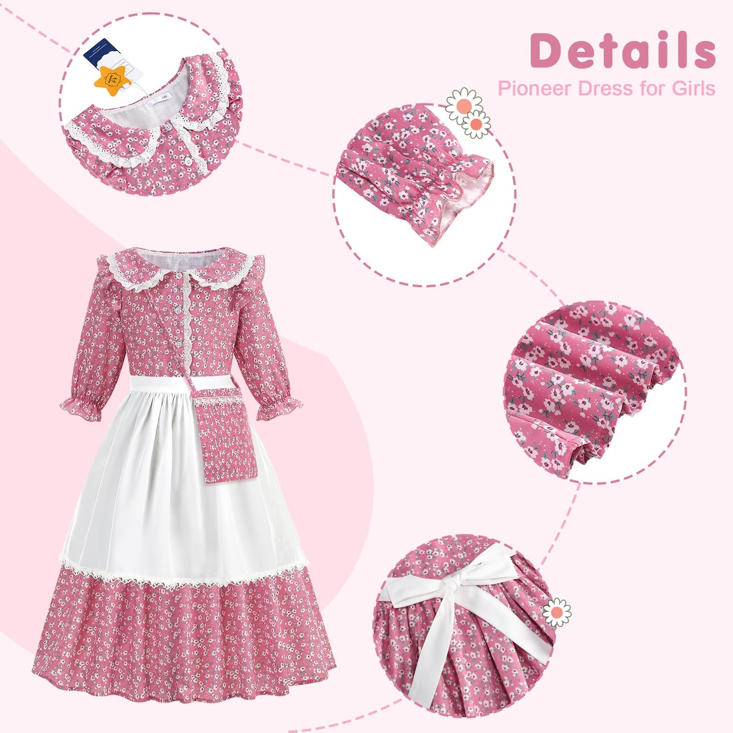 Aoiviss Girls Pioneer Costume Floral Colonial Prairie Dress – Pink with Apron & Bonnet