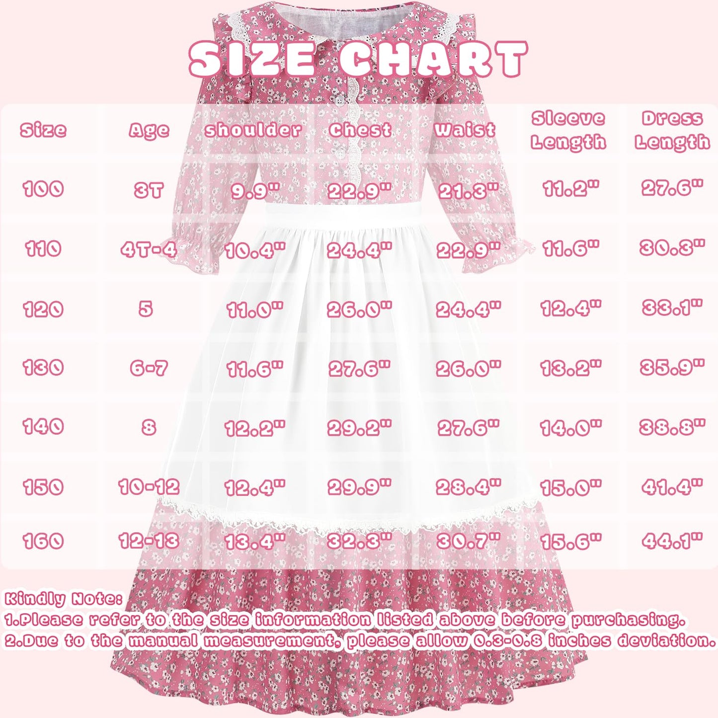 Aoiviss Girls Pioneer Costume Floral Colonial Prairie Dress – Pink with Apron & Bonnet