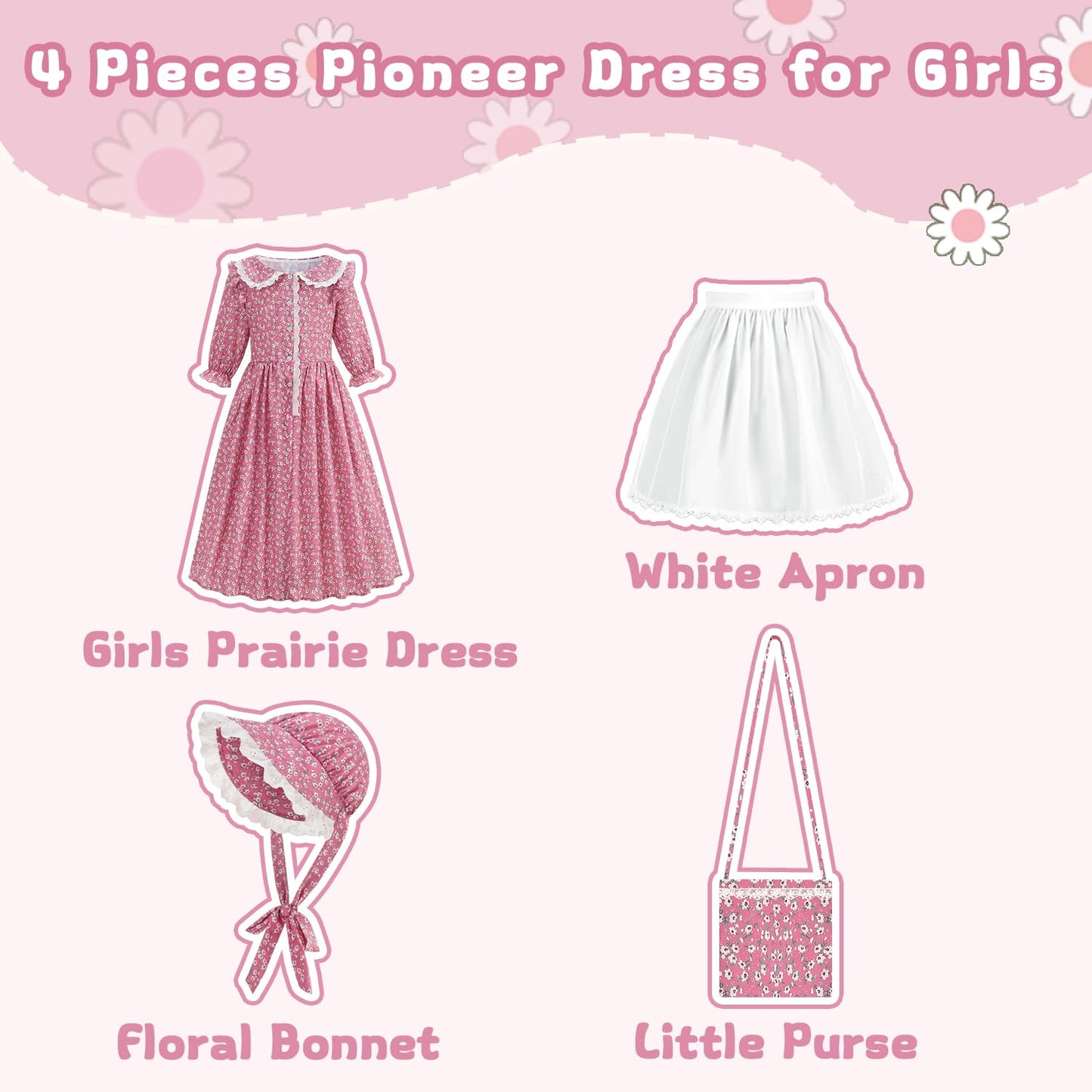 Aoiviss Girls Pioneer Costume Floral Colonial Prairie Dress – Pink with Apron & Bonnet
