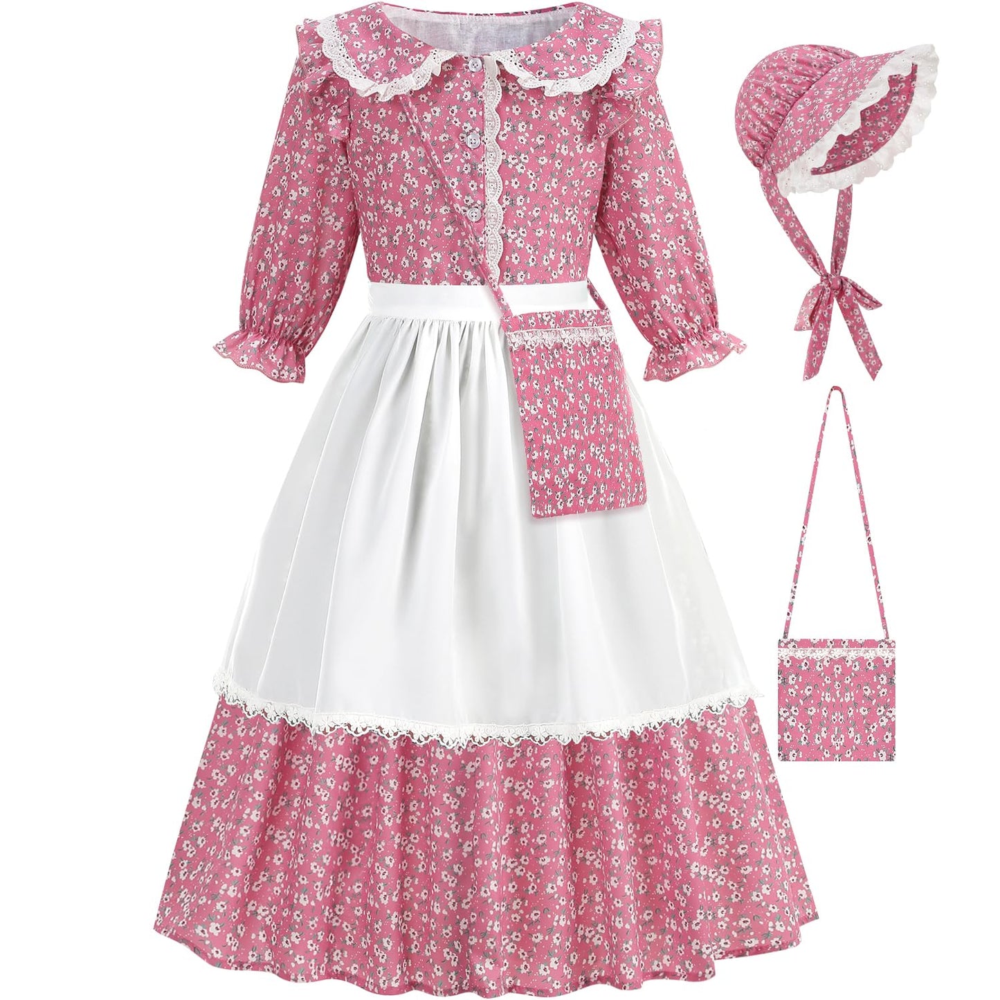 Aoiviss Girls Pioneer Costume Floral Colonial Prairie Dress – Pink with Apron & Bonnet