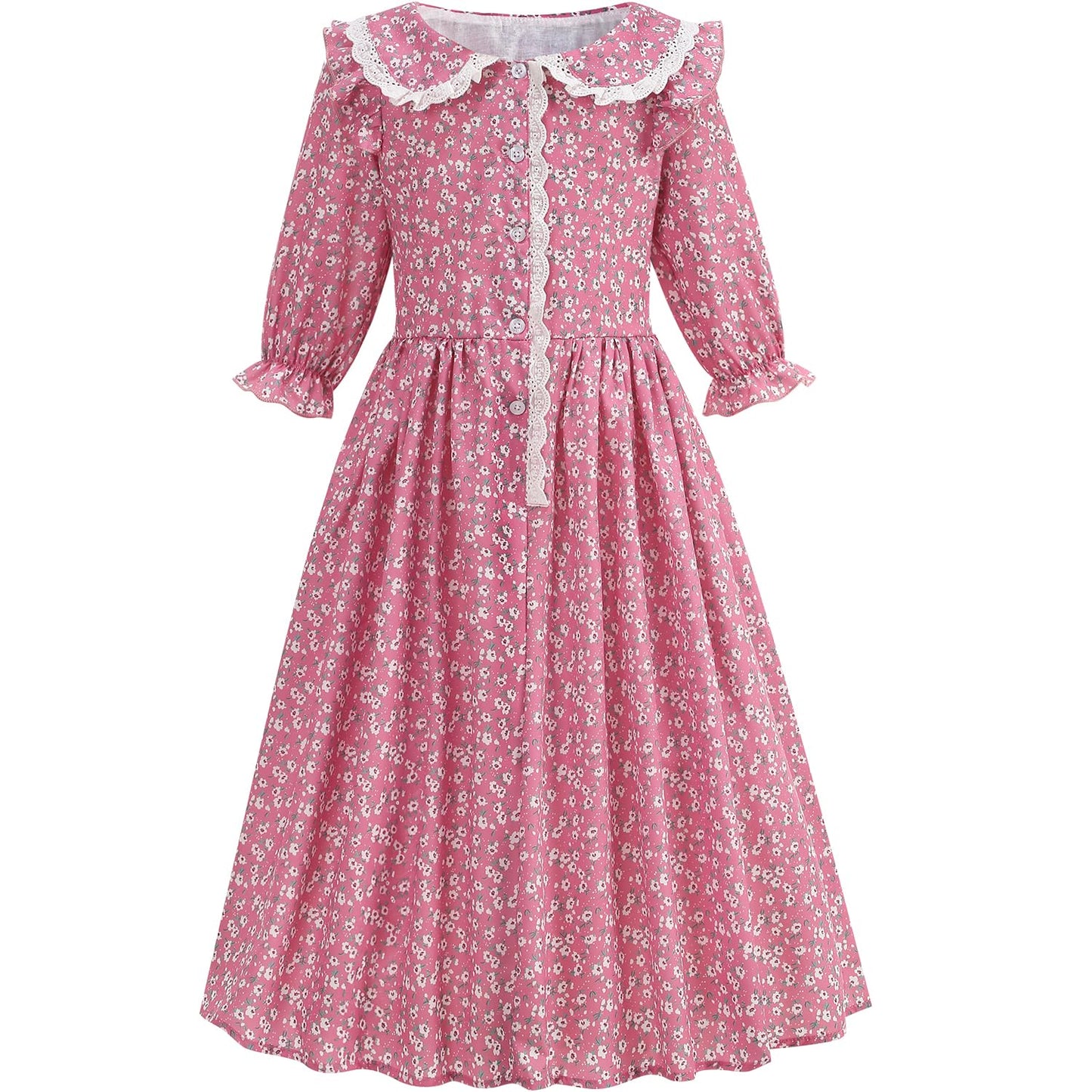 Aoiviss Girls Pioneer Costume Floral Colonial Prairie Dress – Pink with Apron & Bonnet