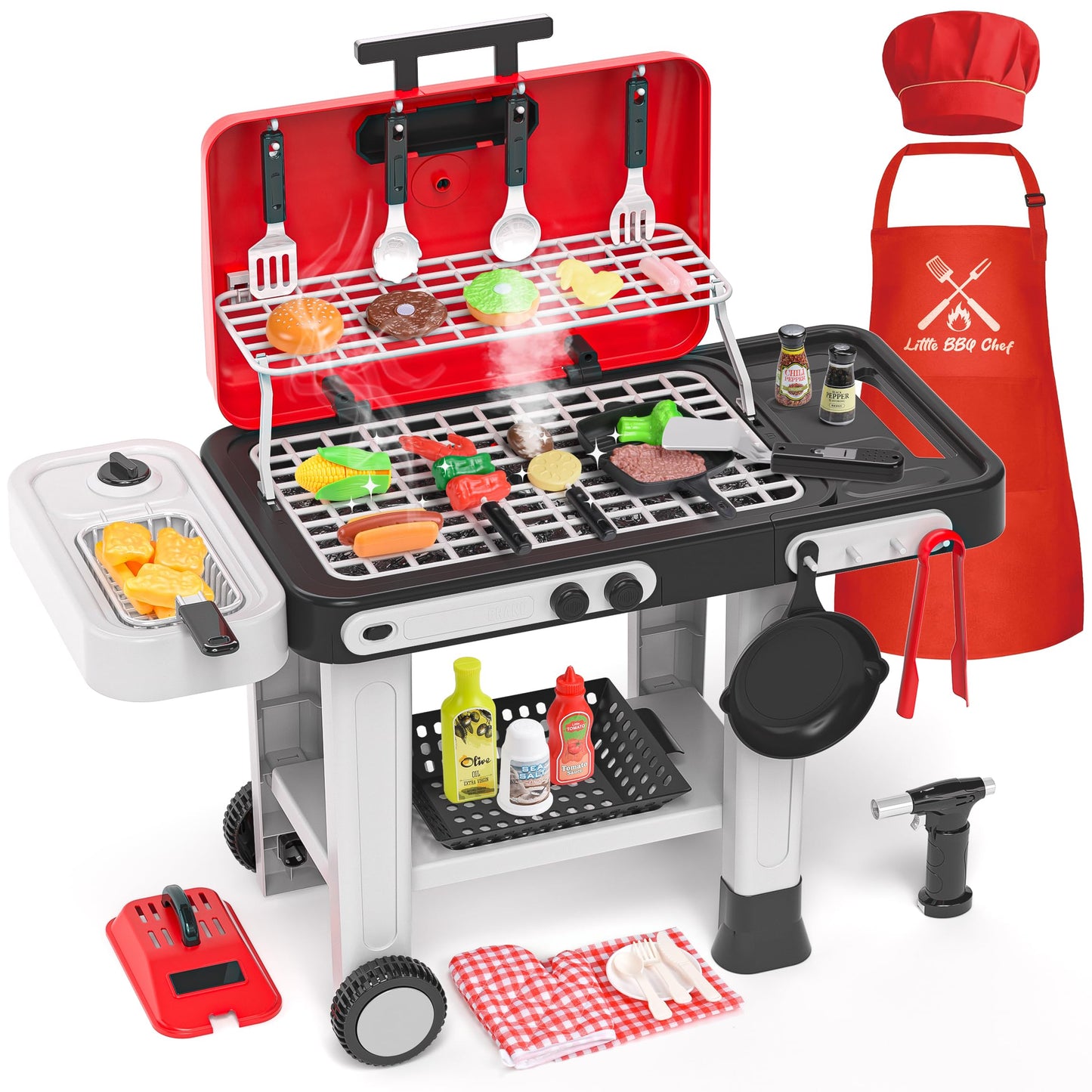 Aojieni 86PCS Kids Play Kitchen Grill Set – Color-Changing Food, Smoke, Sound & Light