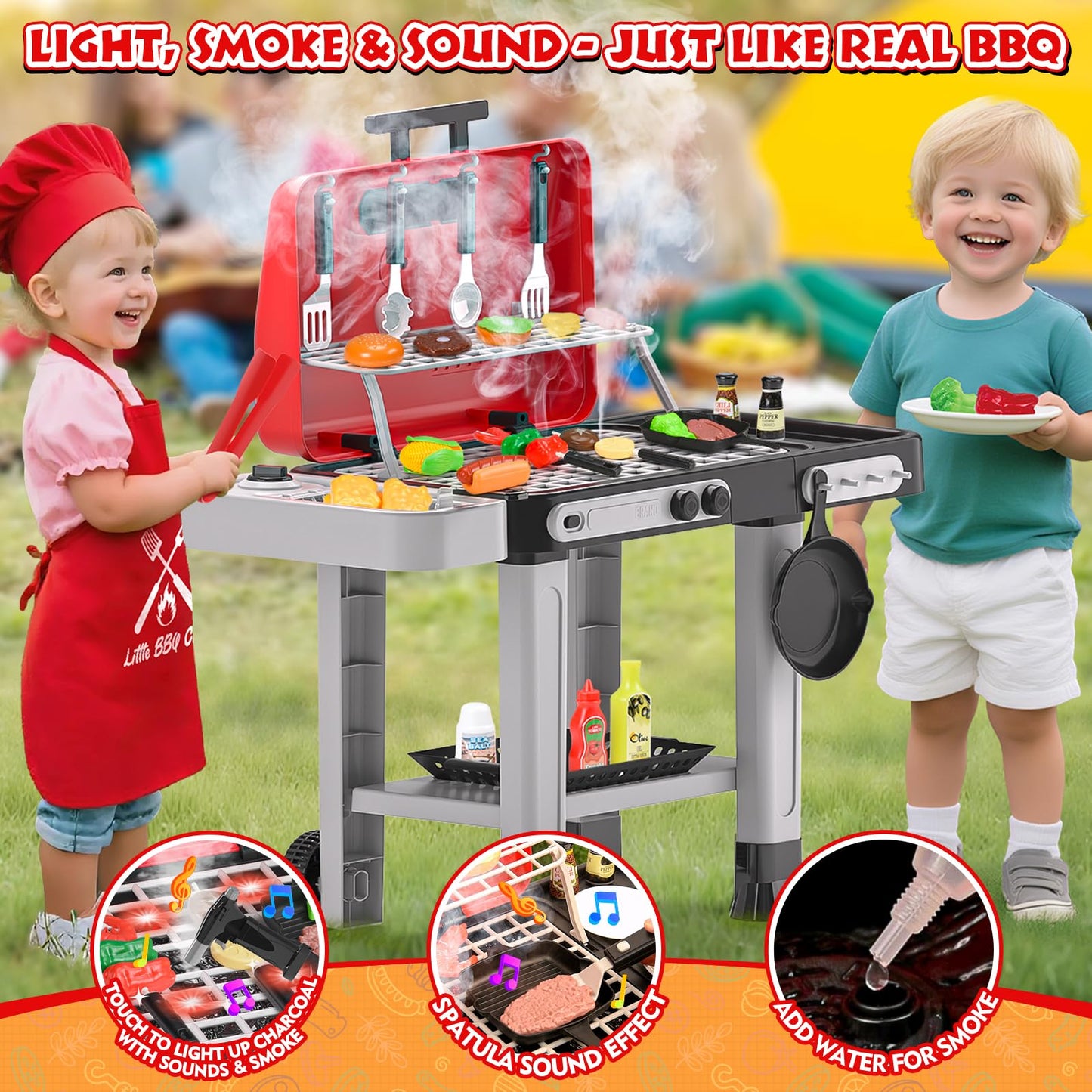 Aojieni 86PCS Kids Play Kitchen Grill Set – Color-Changing Food, Smoke, Sound & Light