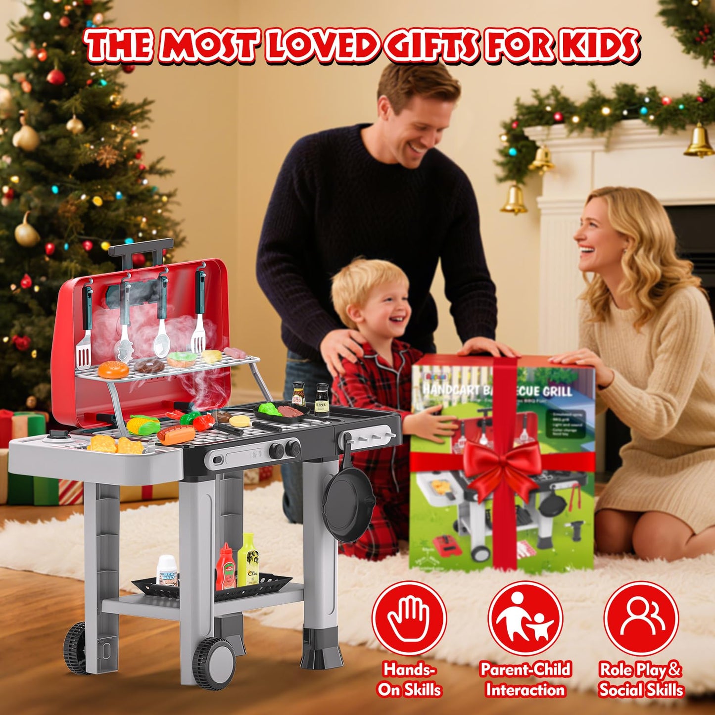 Aojieni 86PCS Kids Play Kitchen Grill Set – Color-Changing Food, Smoke, Sound & Light