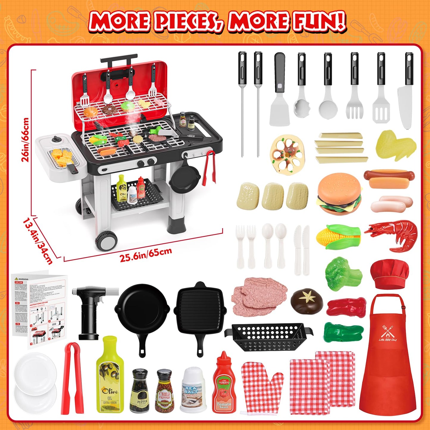 Aojieni 86PCS Kids Play Kitchen Grill Set – Color-Changing Food, Smoke, Sound & Light