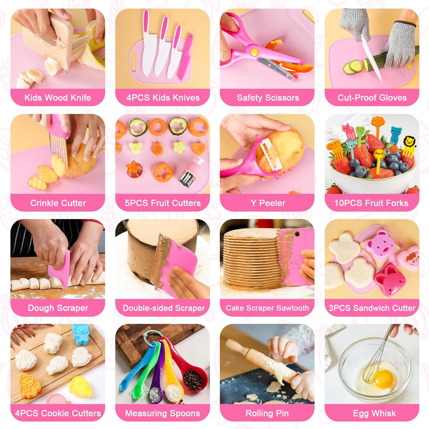 Aojieni Kids Knife Set 48-Piece Real Cooking Kit with Apron & Basket
