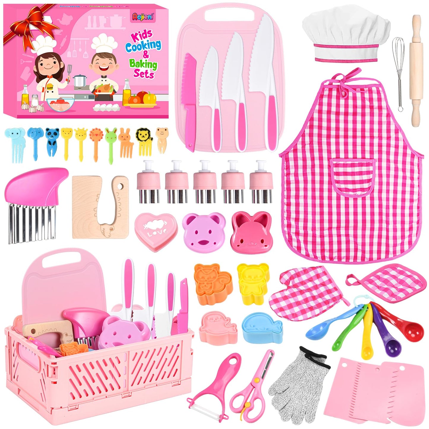 Aojieni Kids Knife Set 48-Piece Real Cooking Kit with Apron & Basket
