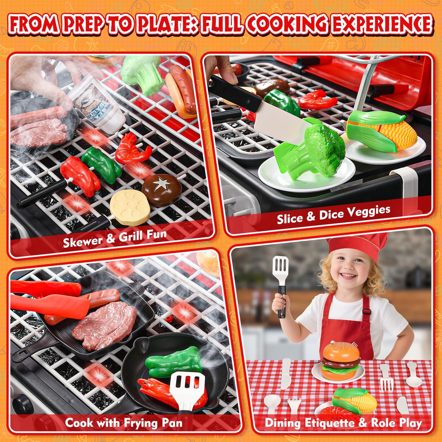 Aojieni 86PCS Kids Play Kitchen Grill Set – Color-Changing Food, Smoke, Sound & Light