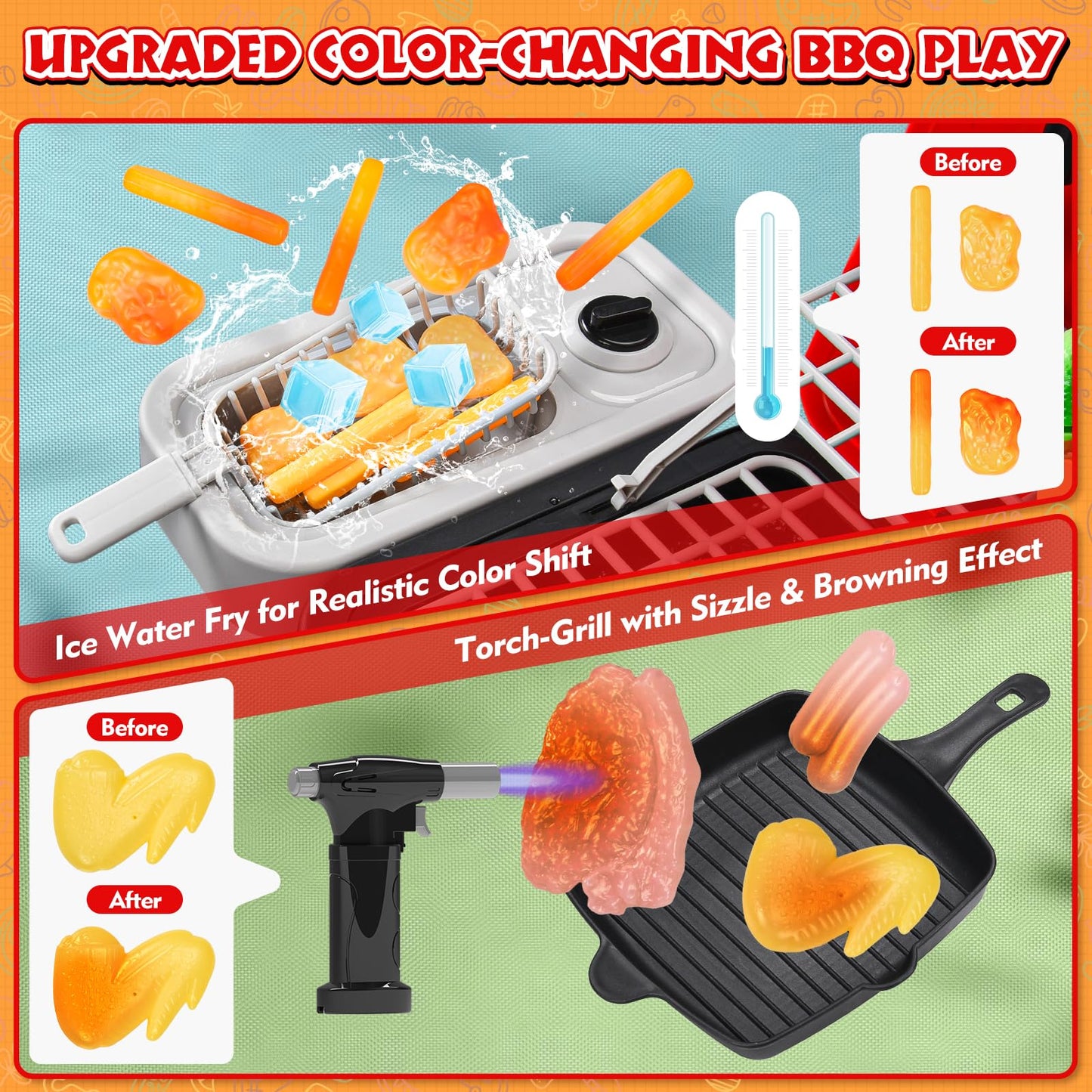 Aojieni 86PCS Kids Play Kitchen Grill Set – Color-Changing Food, Smoke, Sound & Light